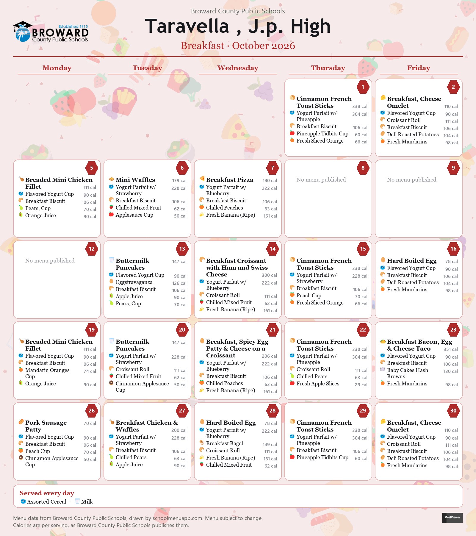 Taravella , J.p. High breakfast menu for October 2026 &mdash; Broward County Public Schools