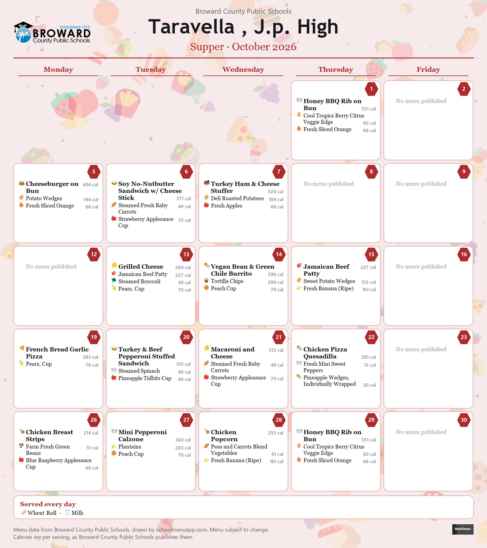 Taravella , J.p. High supper menu for October 2026 &mdash; Broward County Public Schools