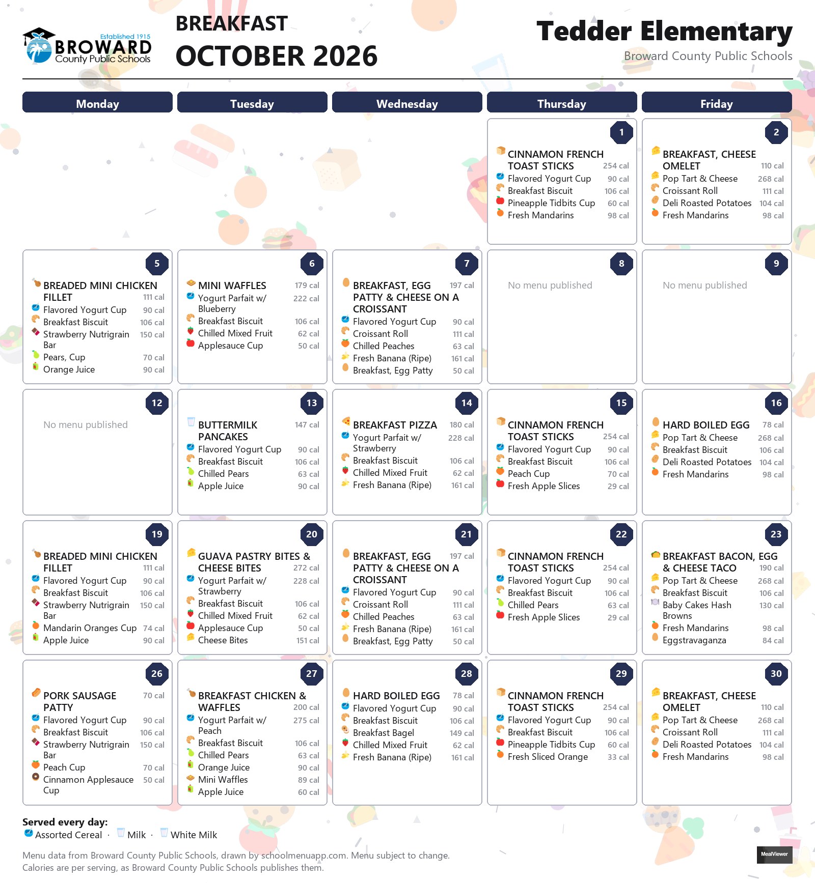 Tedder Elementary breakfast menu for October 2026 &mdash; Broward County Public Schools