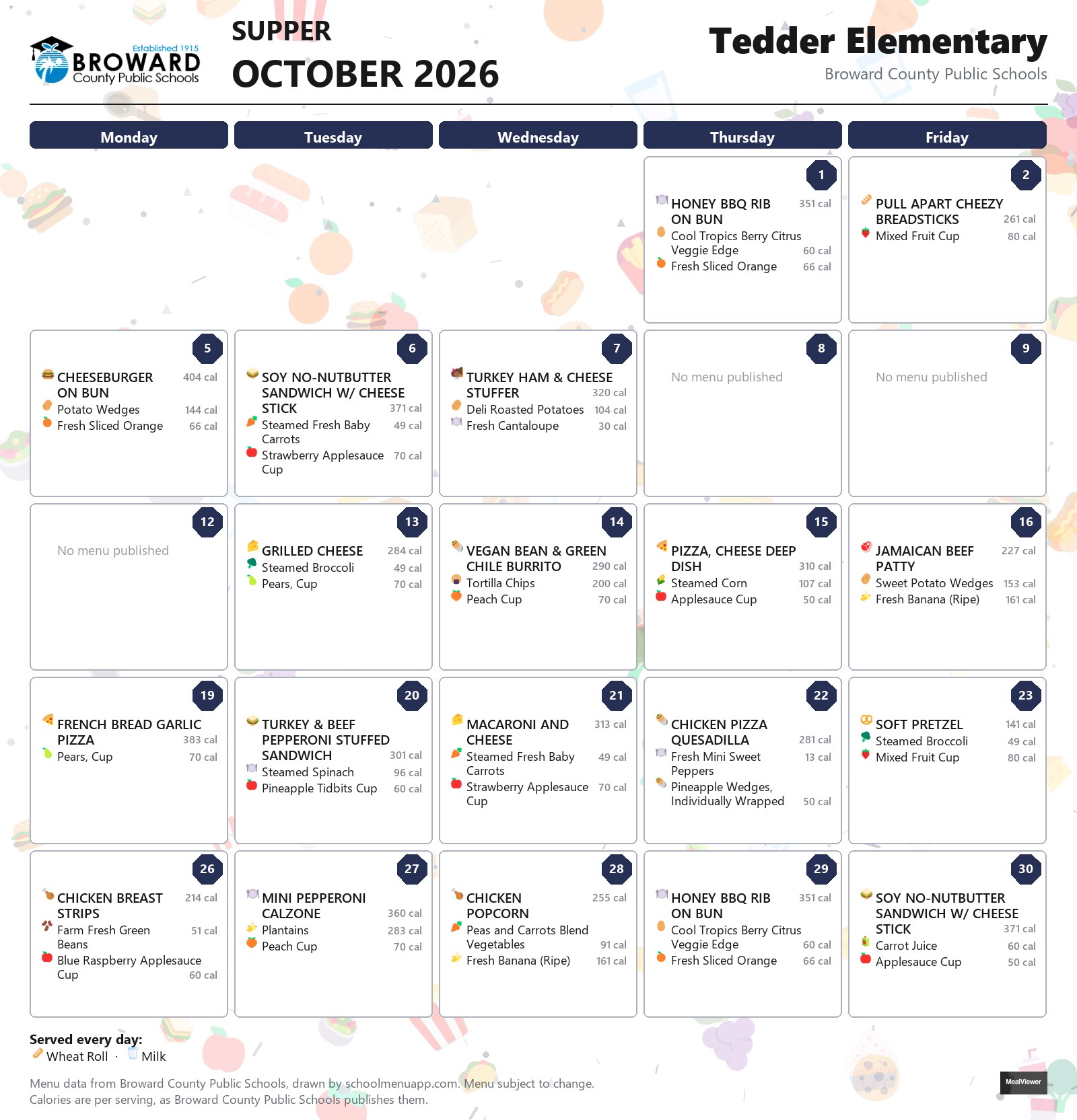 Tedder Elementary supper menu for October 2026 &mdash; Broward County Public Schools