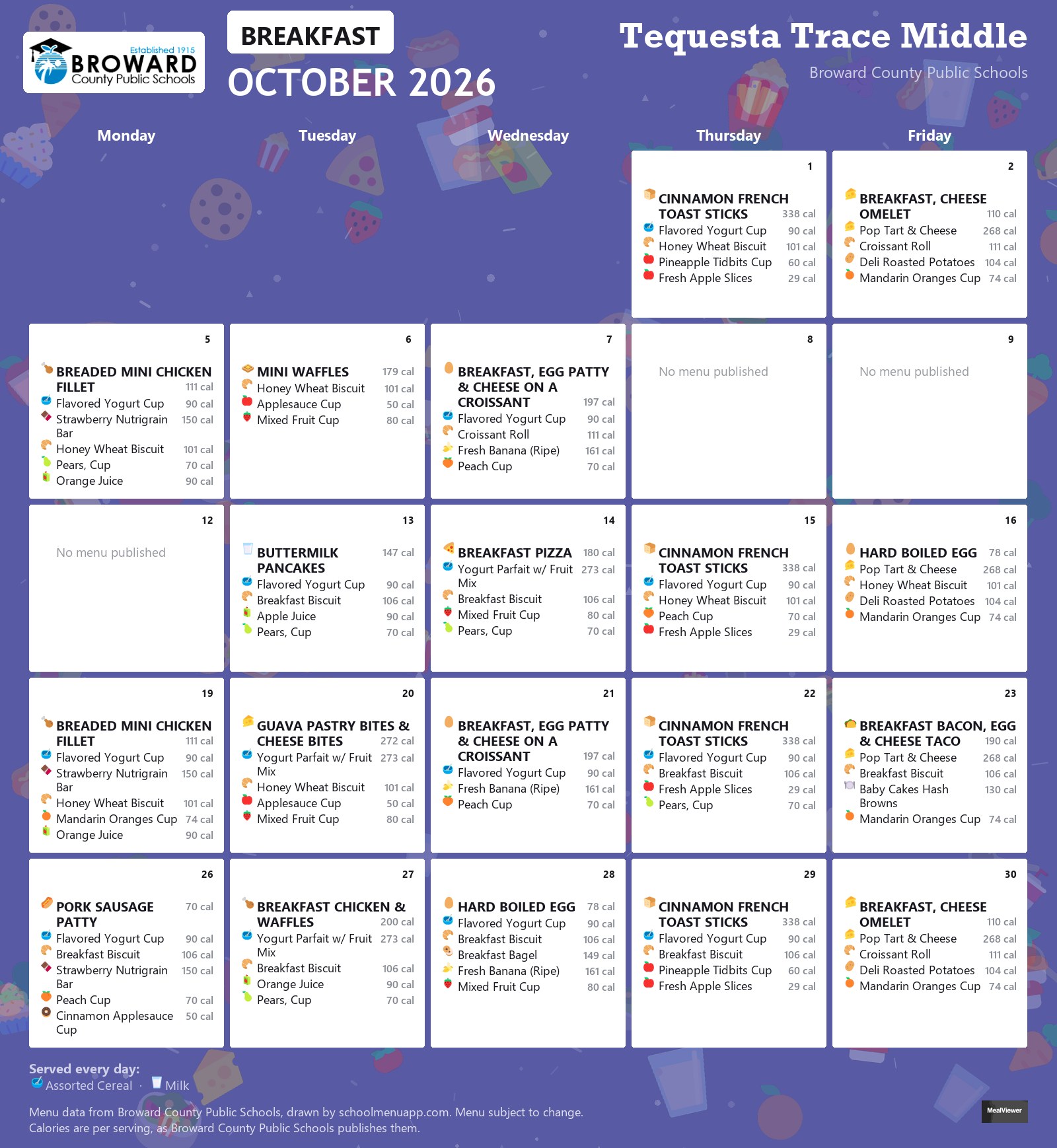 Tequesta Trace Middle breakfast menu for October 2026 &mdash; Broward County Public Schools