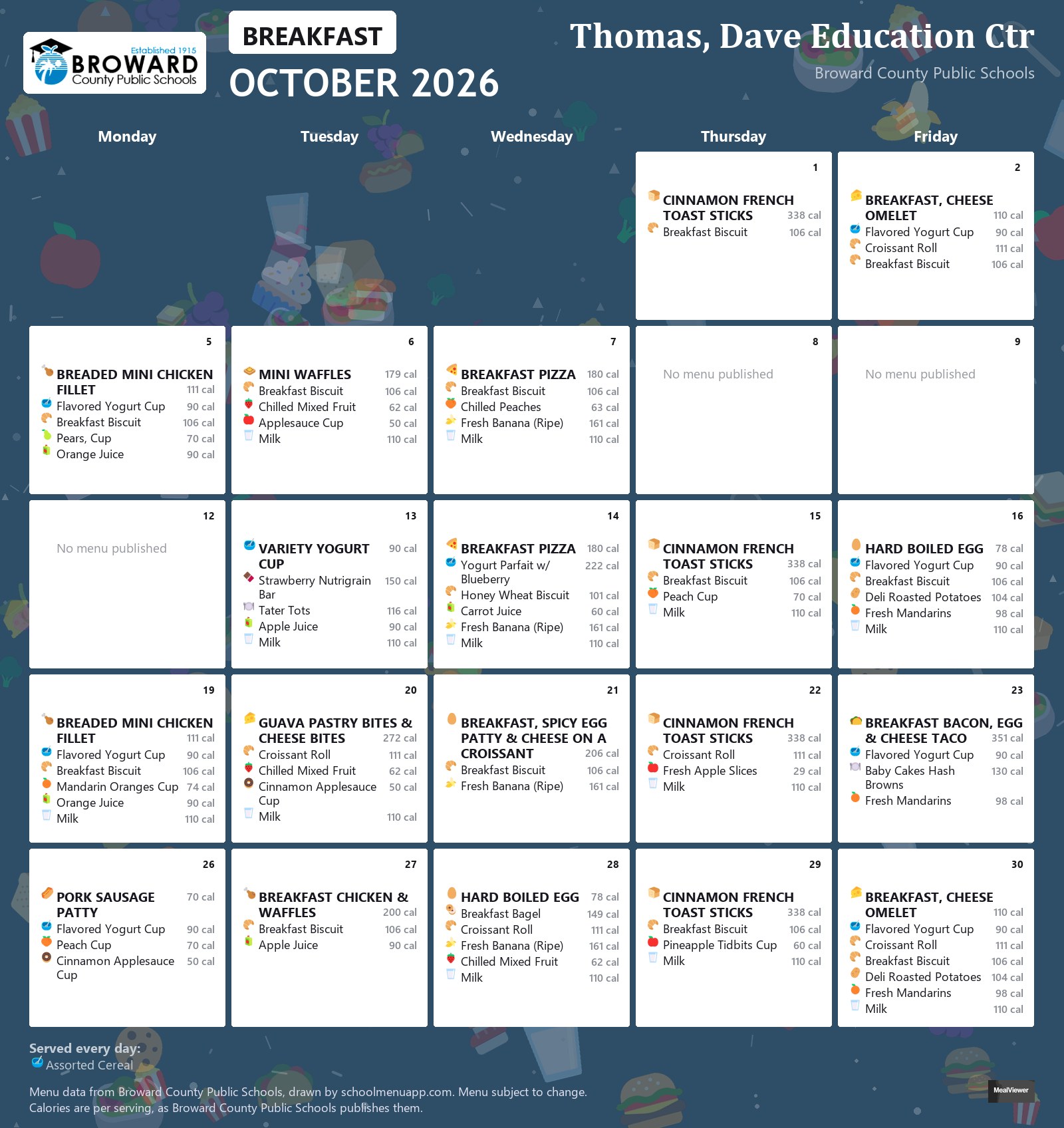 Thomas, Dave Education Ctr breakfast menu for October 2026 &mdash; Broward County Public Schools