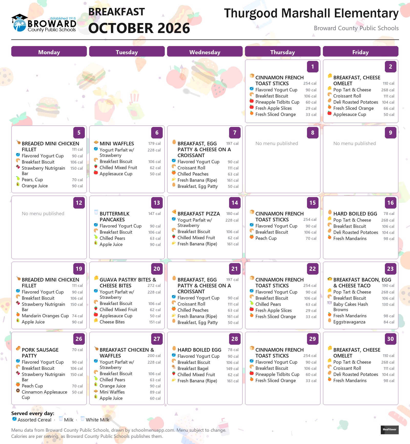 Thurgood Marshall Elementary breakfast menu for October 2026 &mdash; Broward County Public Schools