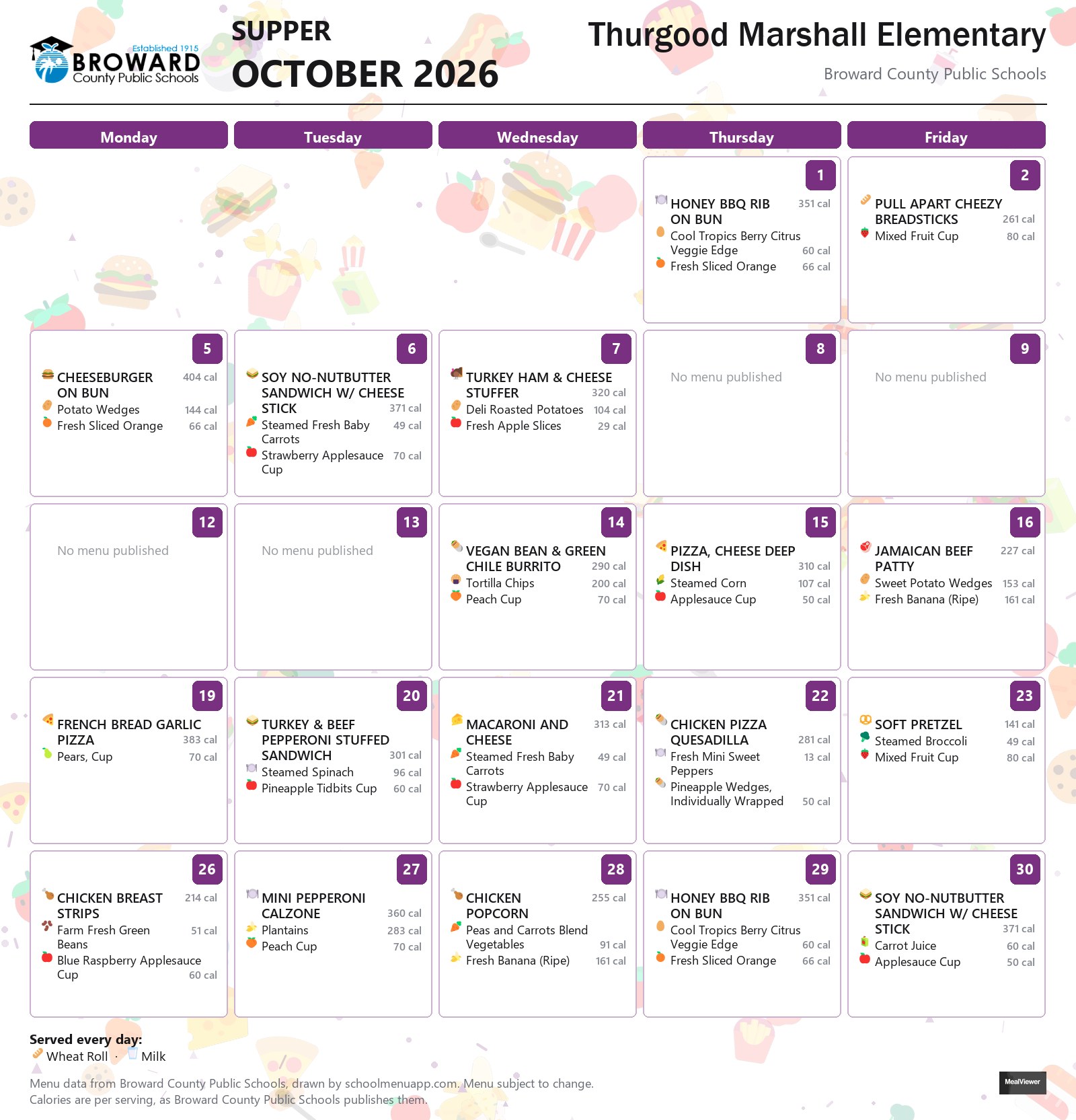 Thurgood Marshall Elementary supper menu for October 2026 &mdash; Broward County Public Schools