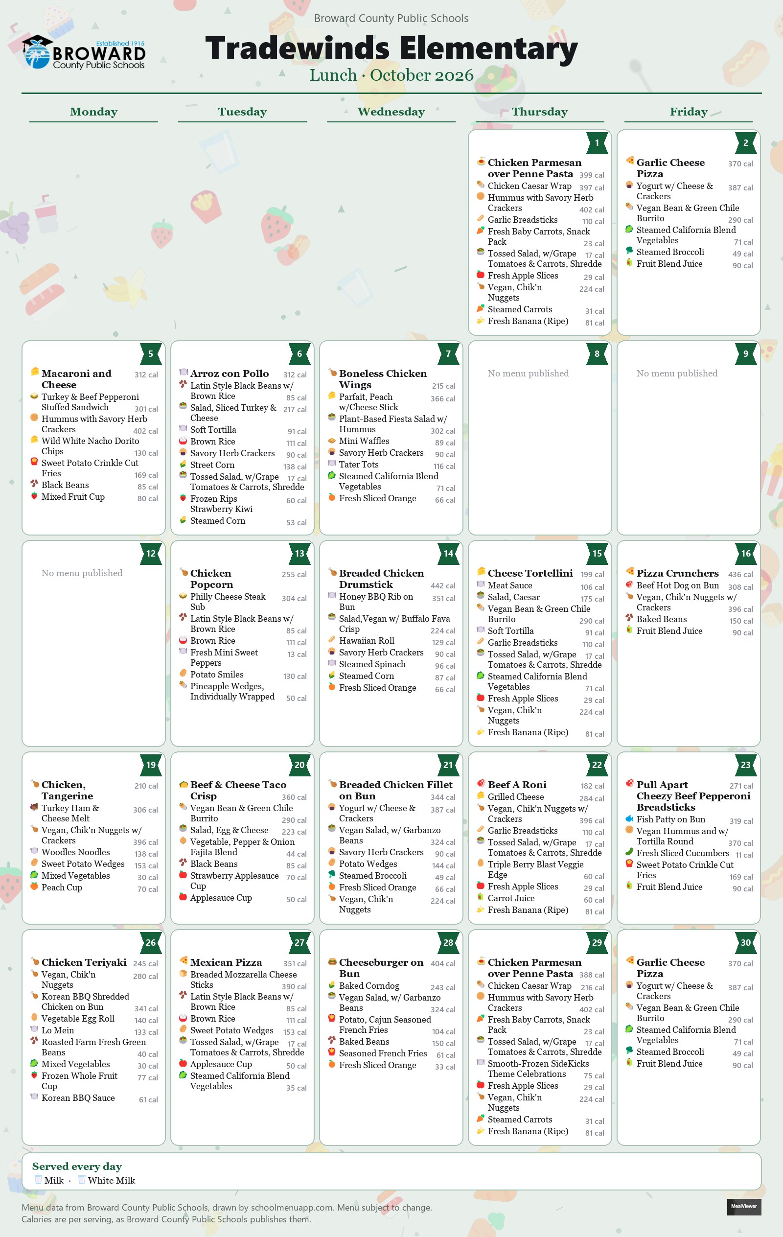 Tradewinds Elementary lunch menu for October 2026 &mdash; Broward County Public Schools