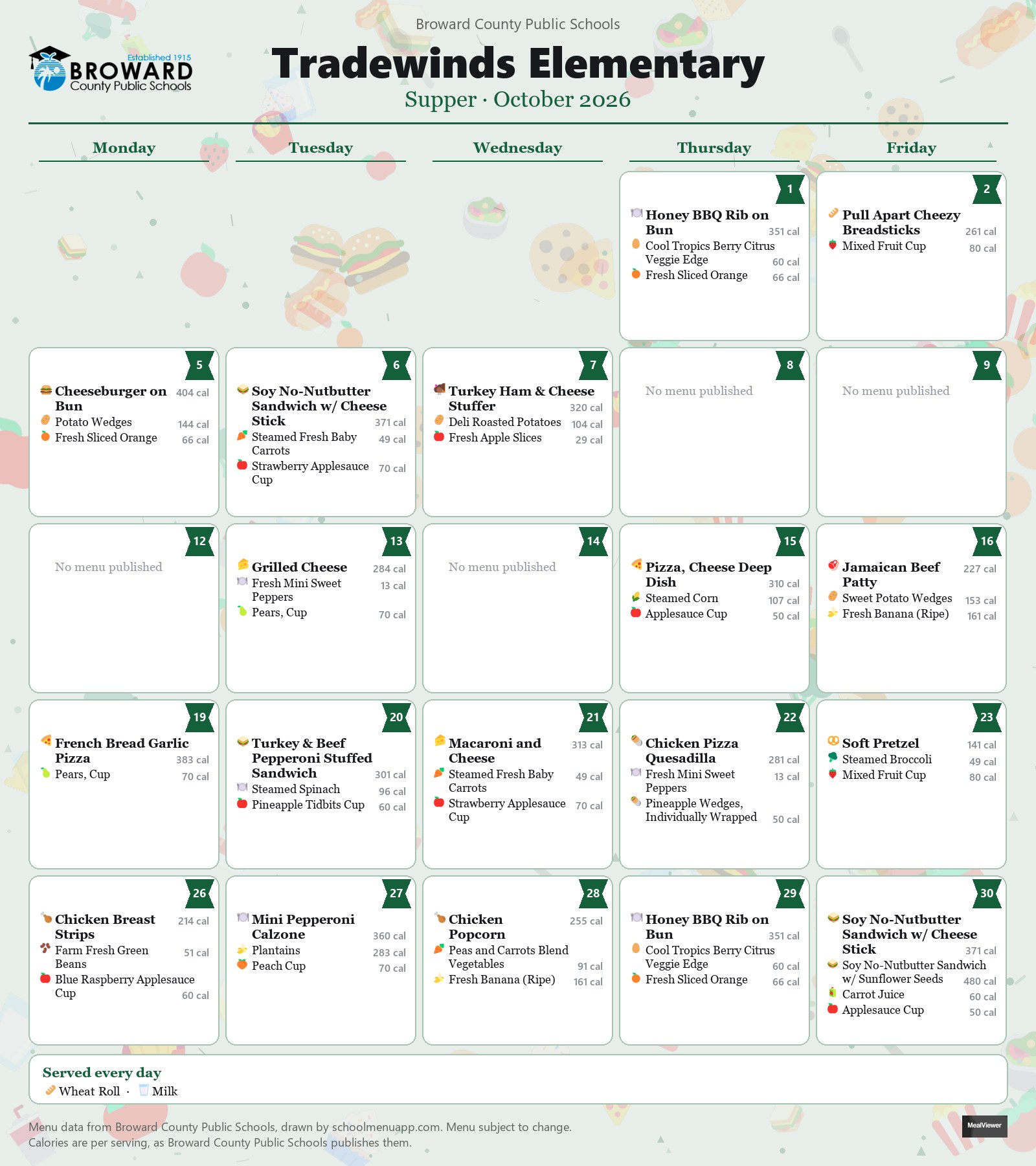 Tradewinds Elementary supper menu for October 2026 &mdash; Broward County Public Schools