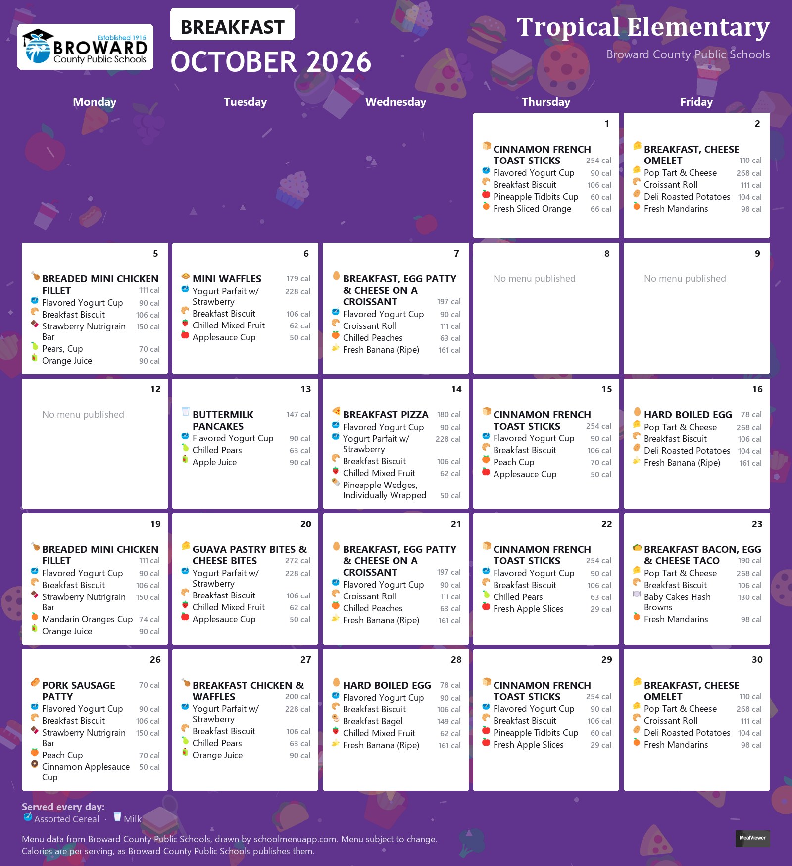 Tropical Elementary breakfast menu for October 2026 &mdash; Broward County Public Schools