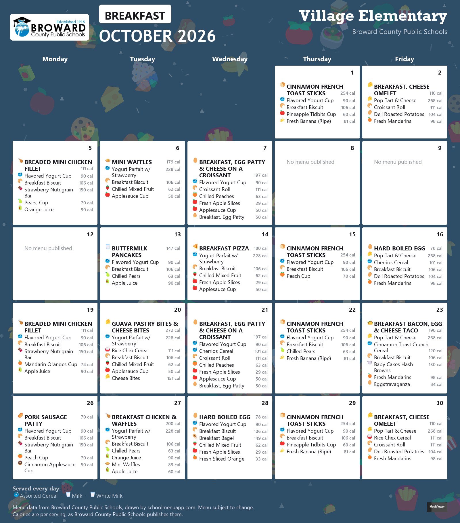 Village Elementary breakfast menu for October 2026 &mdash; Broward County Public Schools