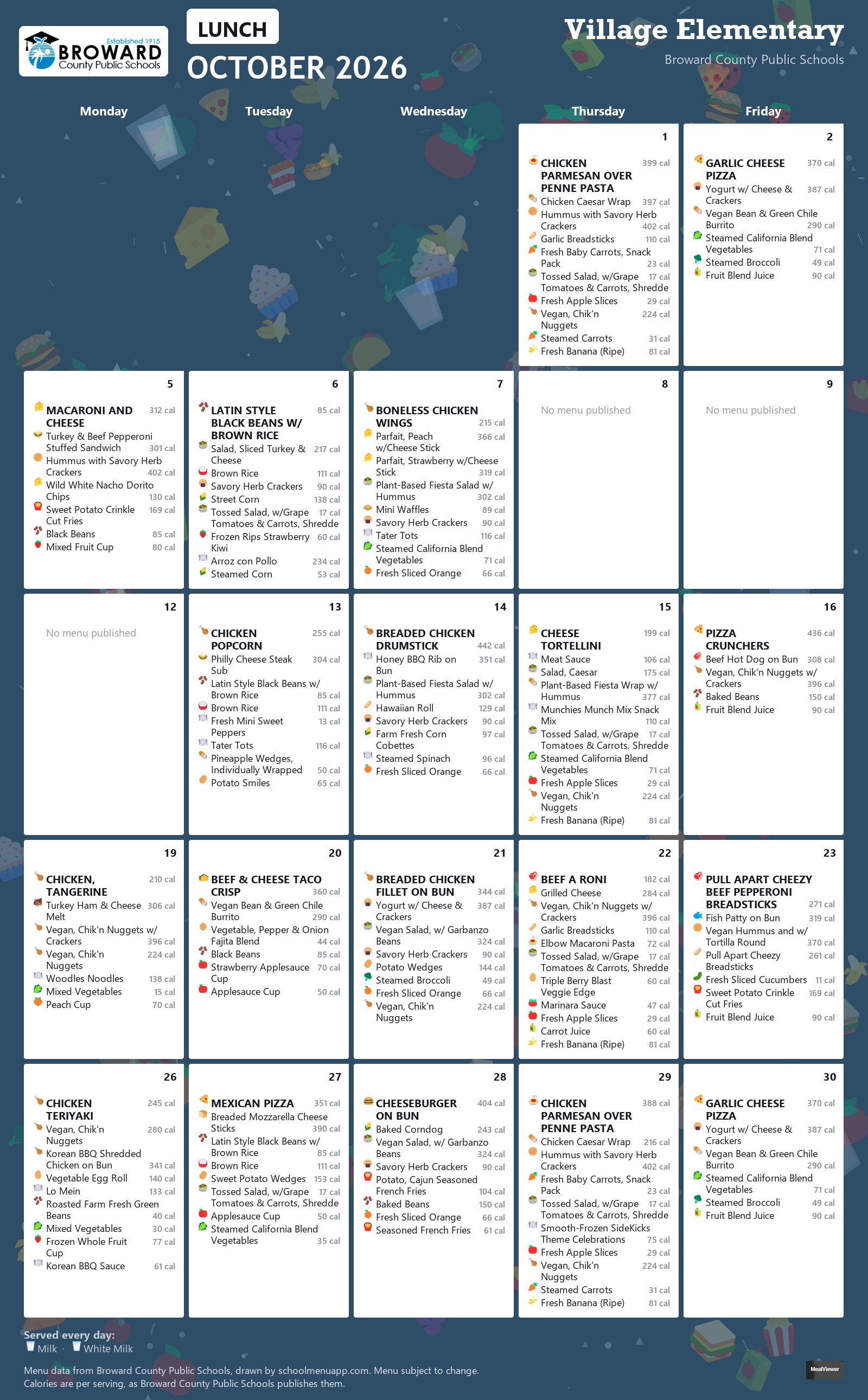 Village Elementary lunch menu for October 2026 &mdash; Broward County Public Schools