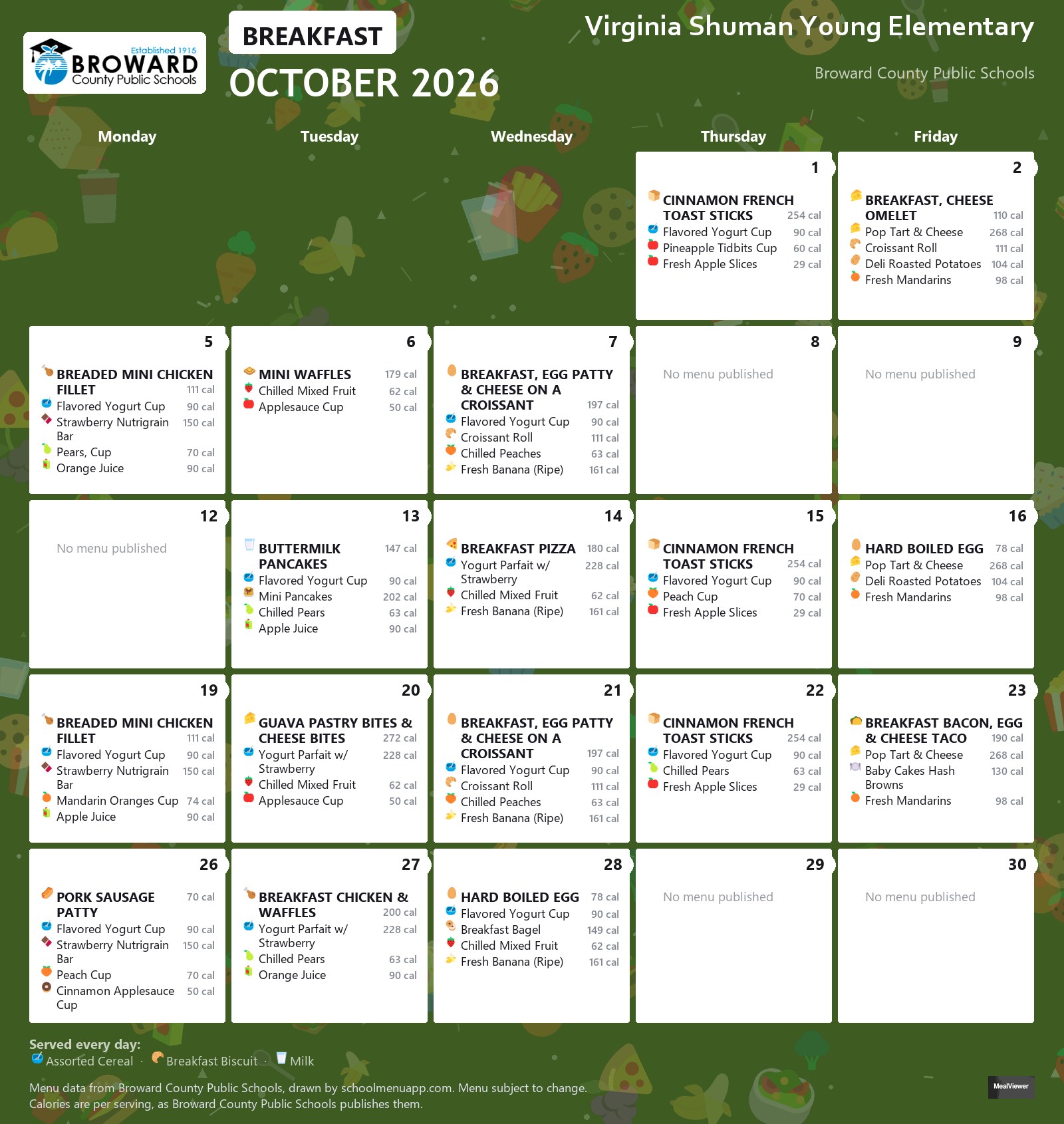 Virginia Shuman Young Elementary breakfast menu for October 2026 &mdash; Broward County Public Schools