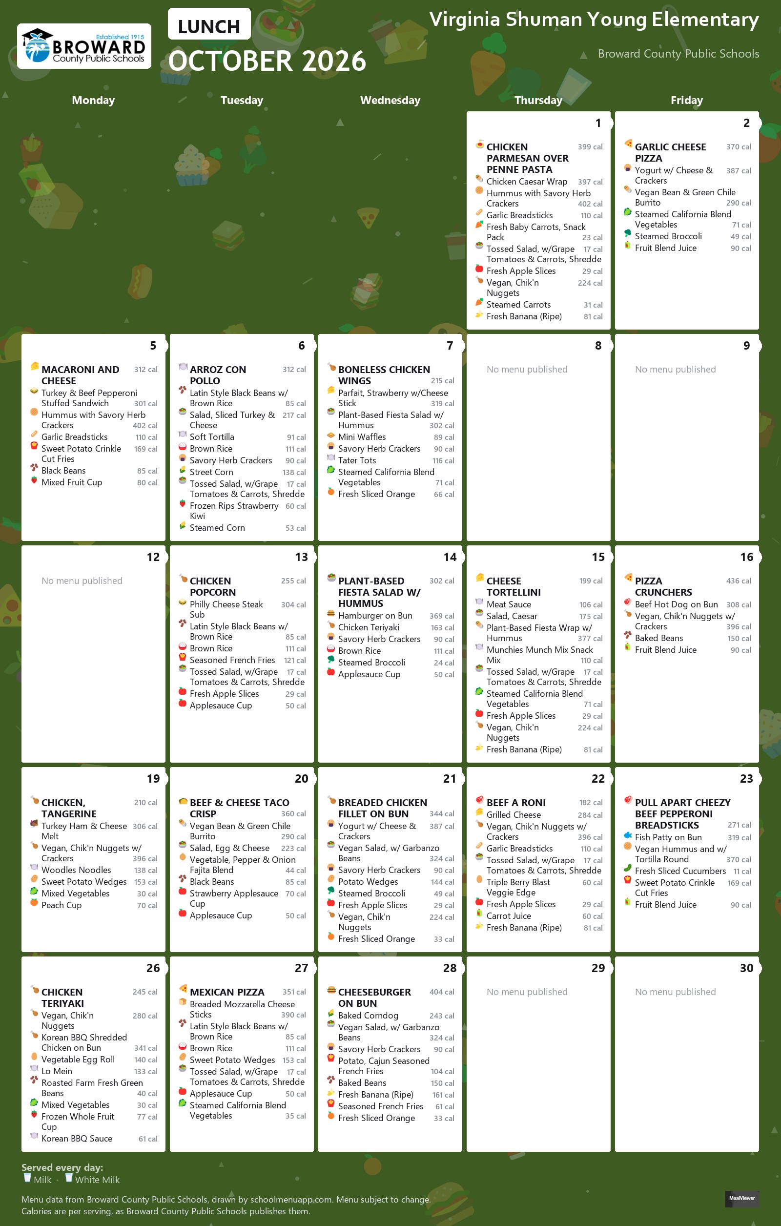 Virginia Shuman Young Elementary lunch menu for October 2026 &mdash; Broward County Public Schools