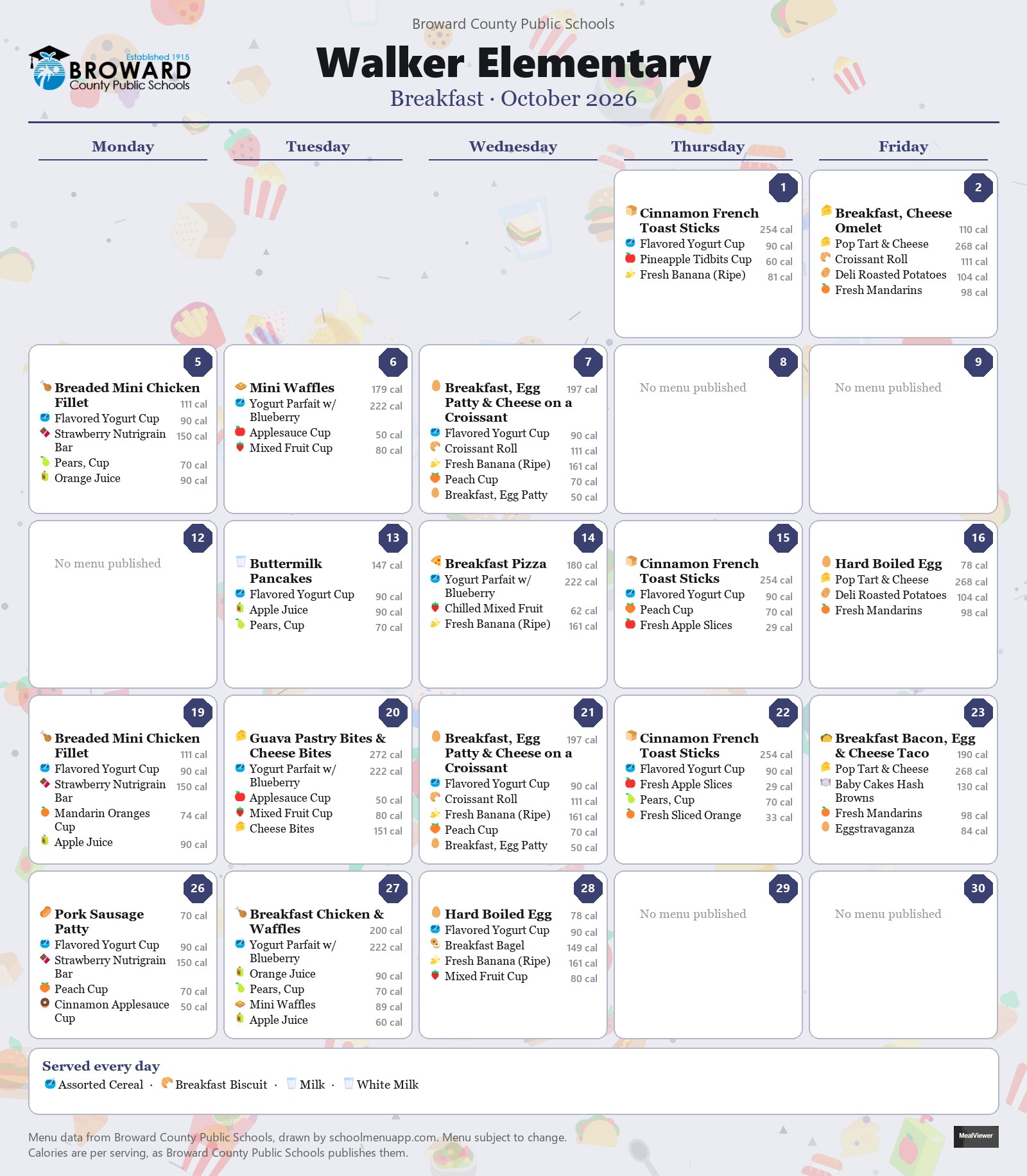 Walker Elementary breakfast menu for October 2026 &mdash; Broward County Public Schools