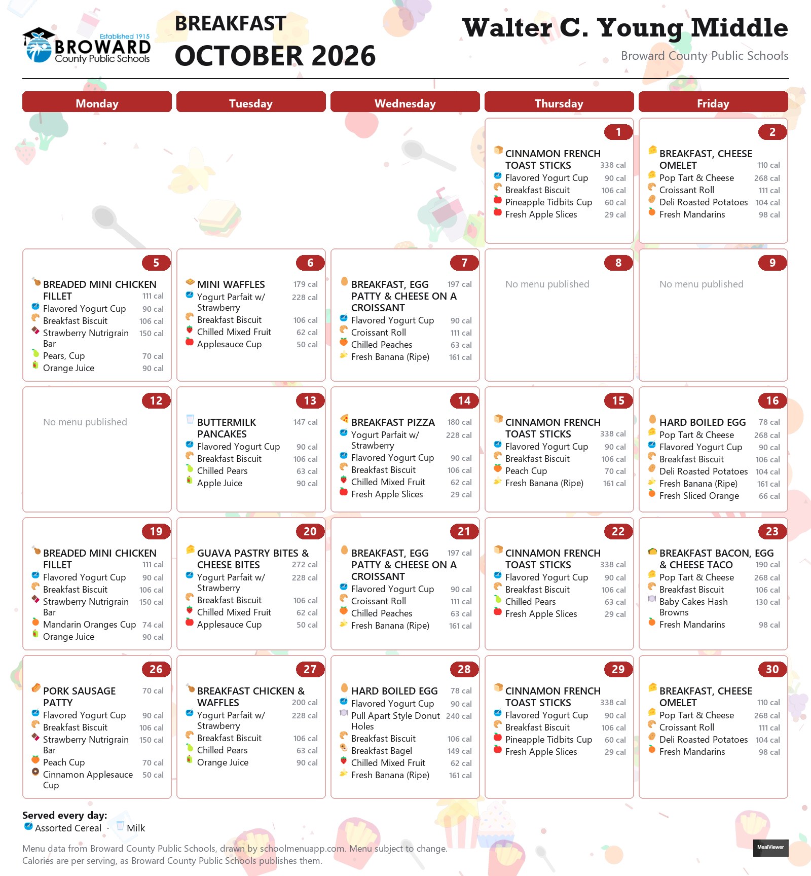 Walter C. Young Middle breakfast menu for October 2026 &mdash; Broward County Public Schools