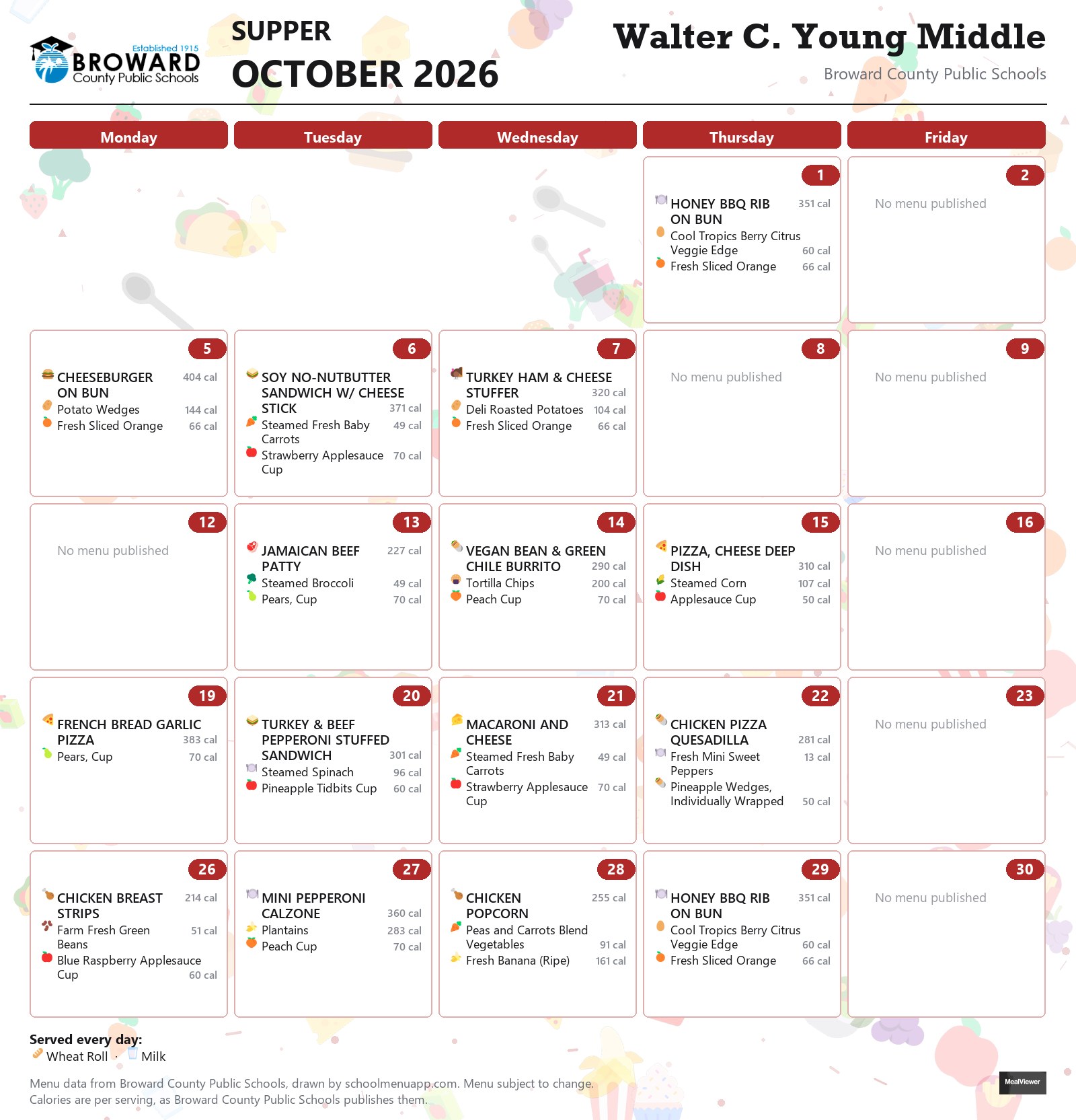 Walter C. Young Middle supper menu for October 2026 &mdash; Broward County Public Schools