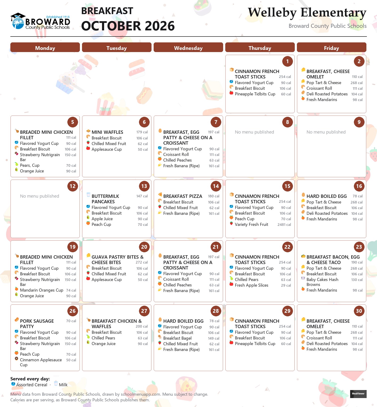 Welleby Elementary breakfast menu for October 2026 &mdash; Broward County Public Schools