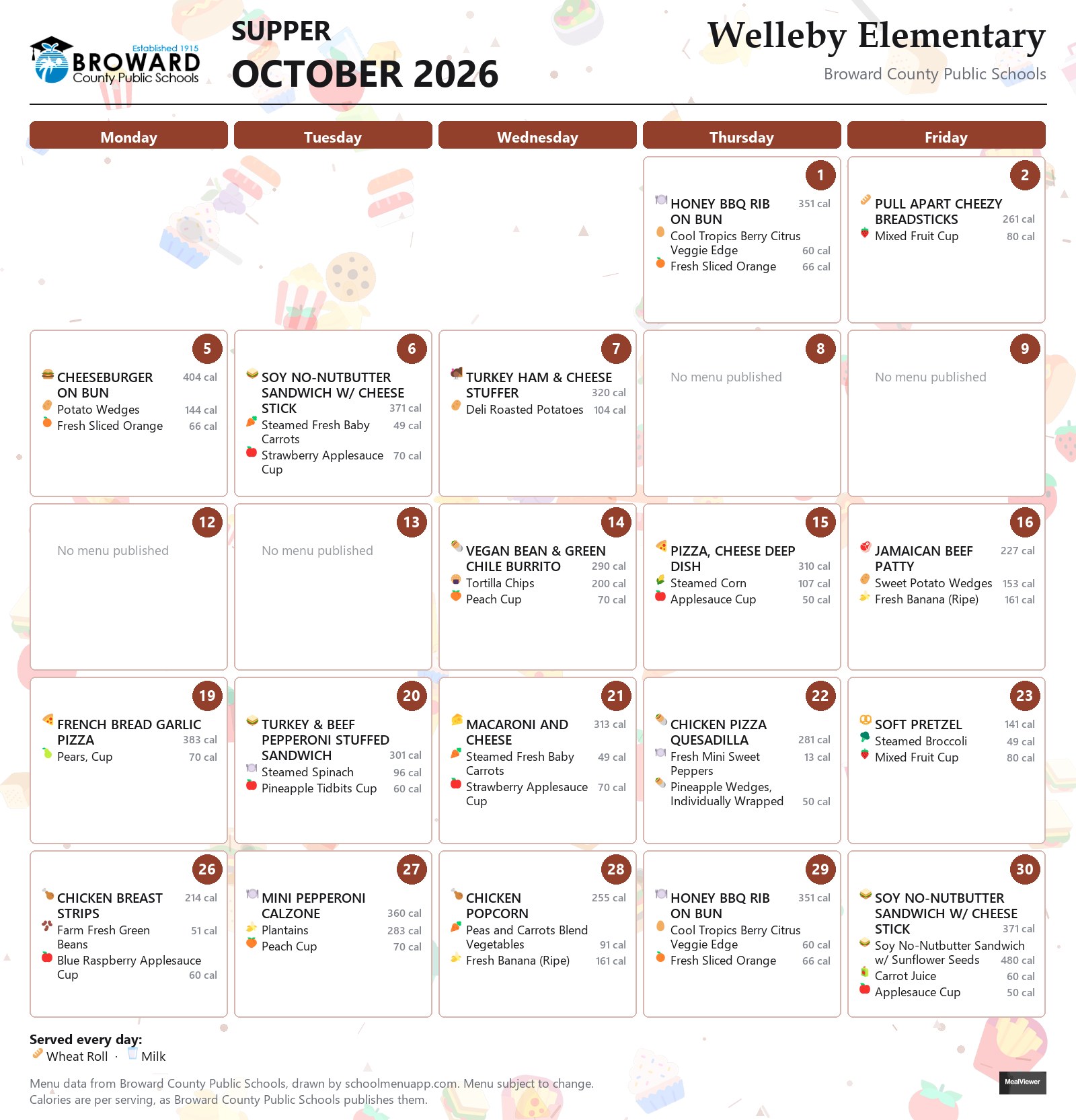 Welleby Elementary supper menu for October 2026 &mdash; Broward County Public Schools