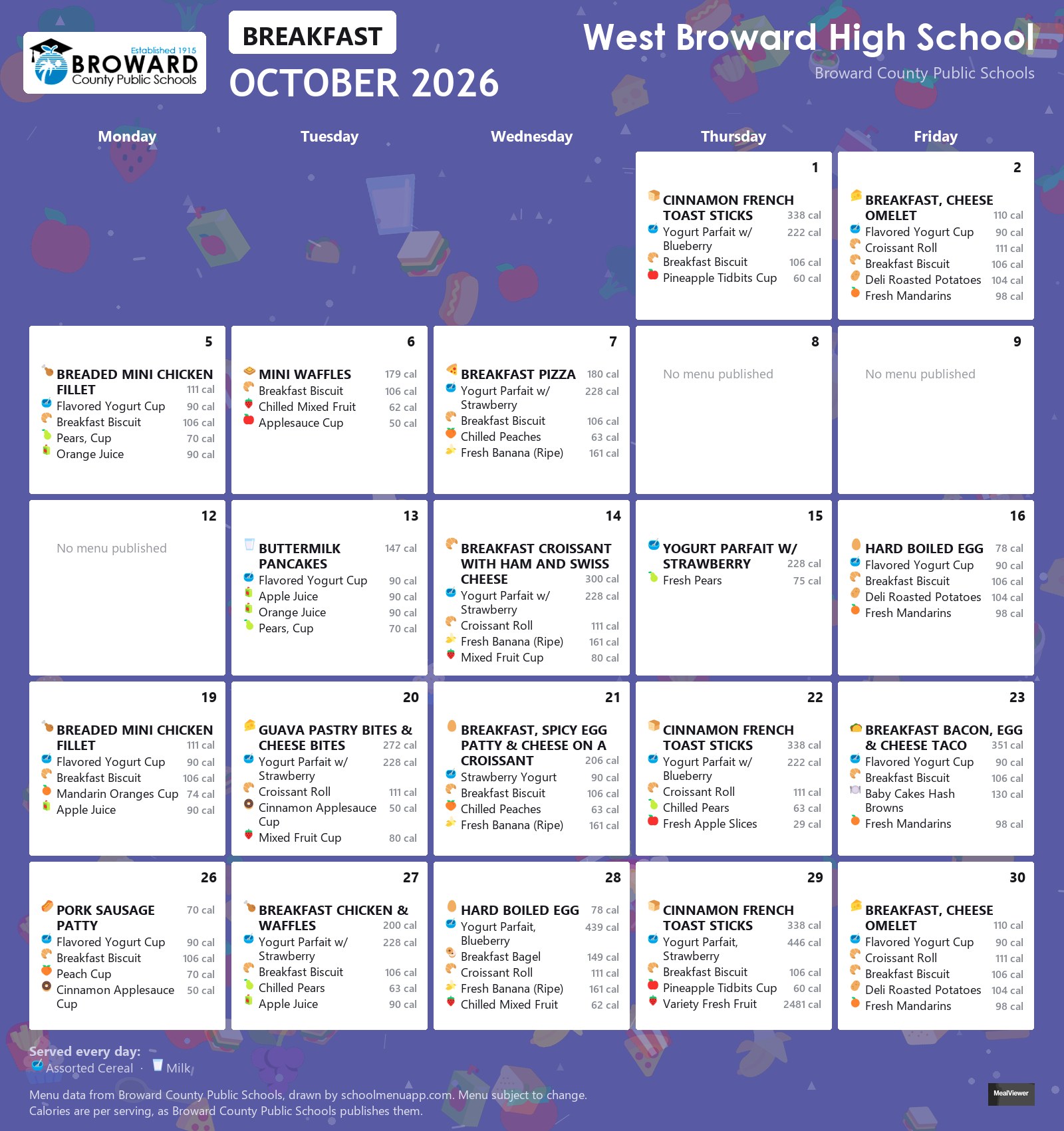 West Broward High School breakfast menu for October 2026 &mdash; Broward County Public Schools