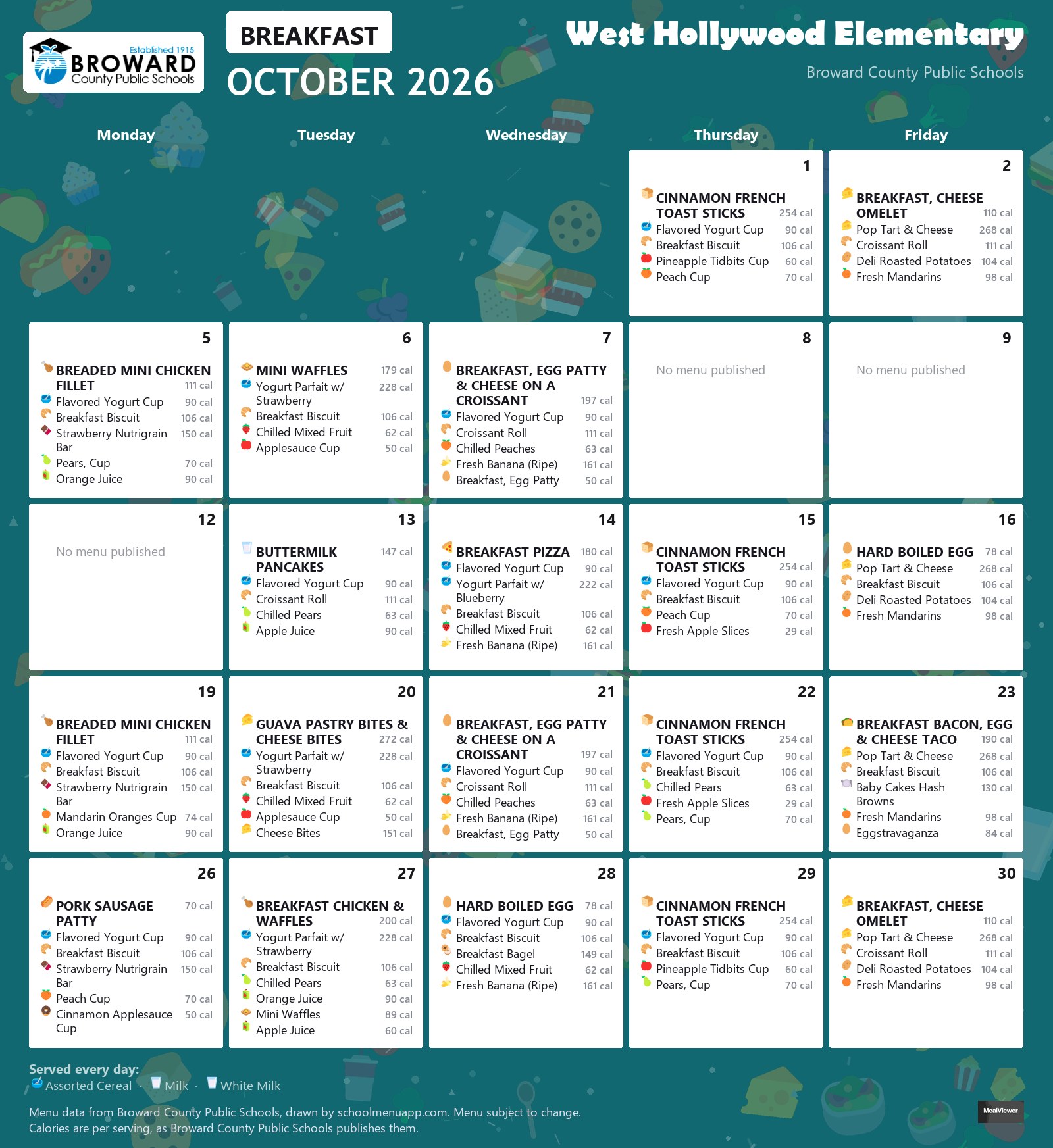 West Hollywood Elementary breakfast menu for October 2026 &mdash; Broward County Public Schools