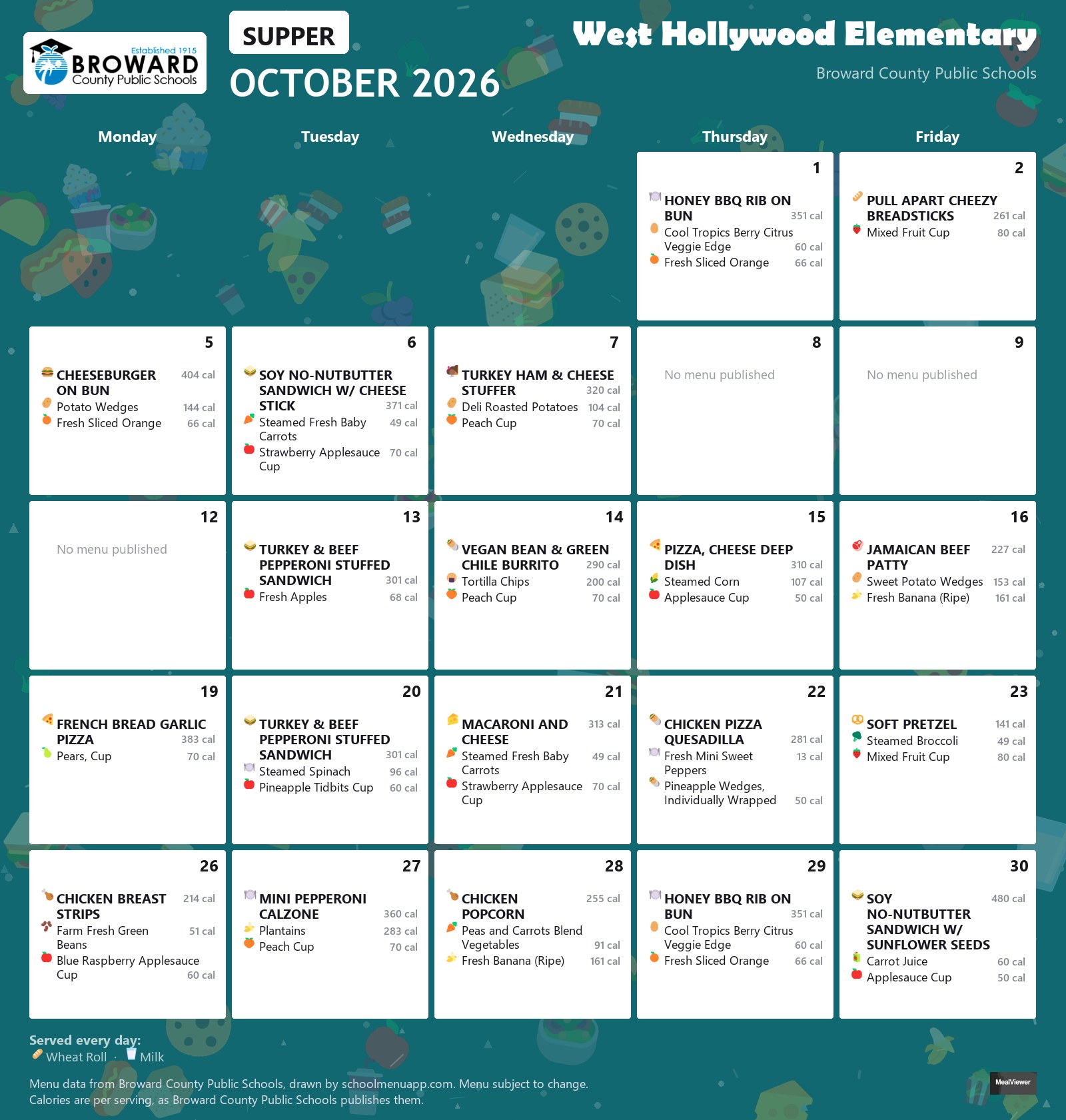 West Hollywood Elementary supper menu for October 2026 &mdash; Broward County Public Schools