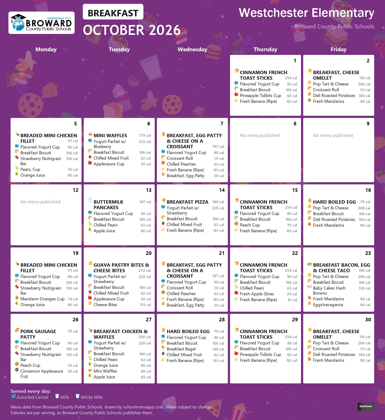 Westchester Elementary breakfast menu for October 2026 &mdash; Broward County Public Schools