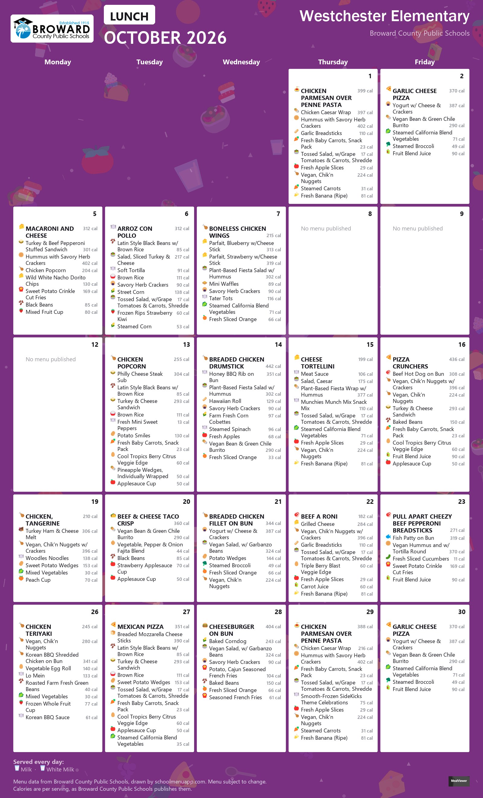 Westchester Elementary lunch menu for October 2026 &mdash; Broward County Public Schools