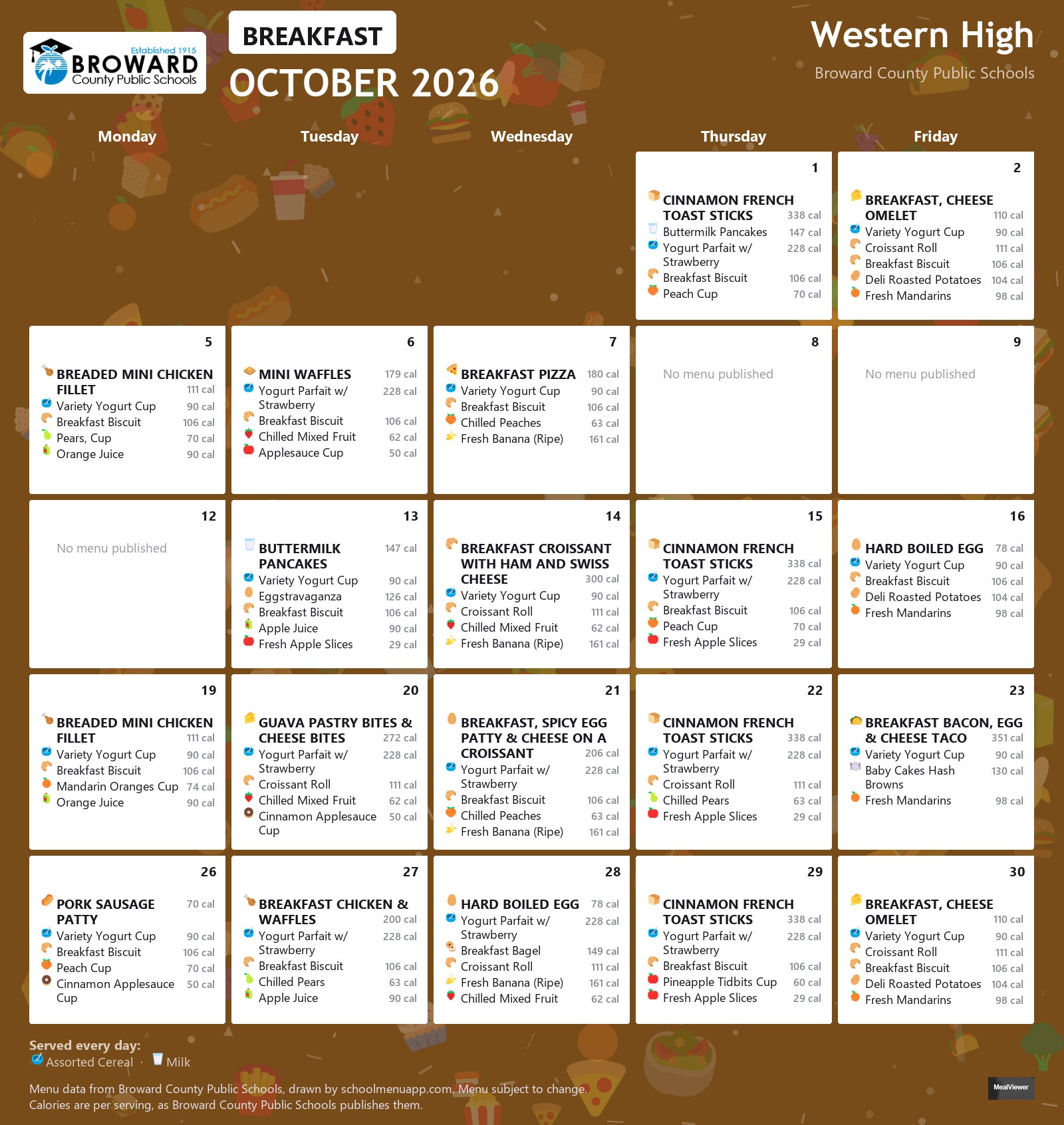 Western High breakfast menu for October 2026 &mdash; Broward County Public Schools