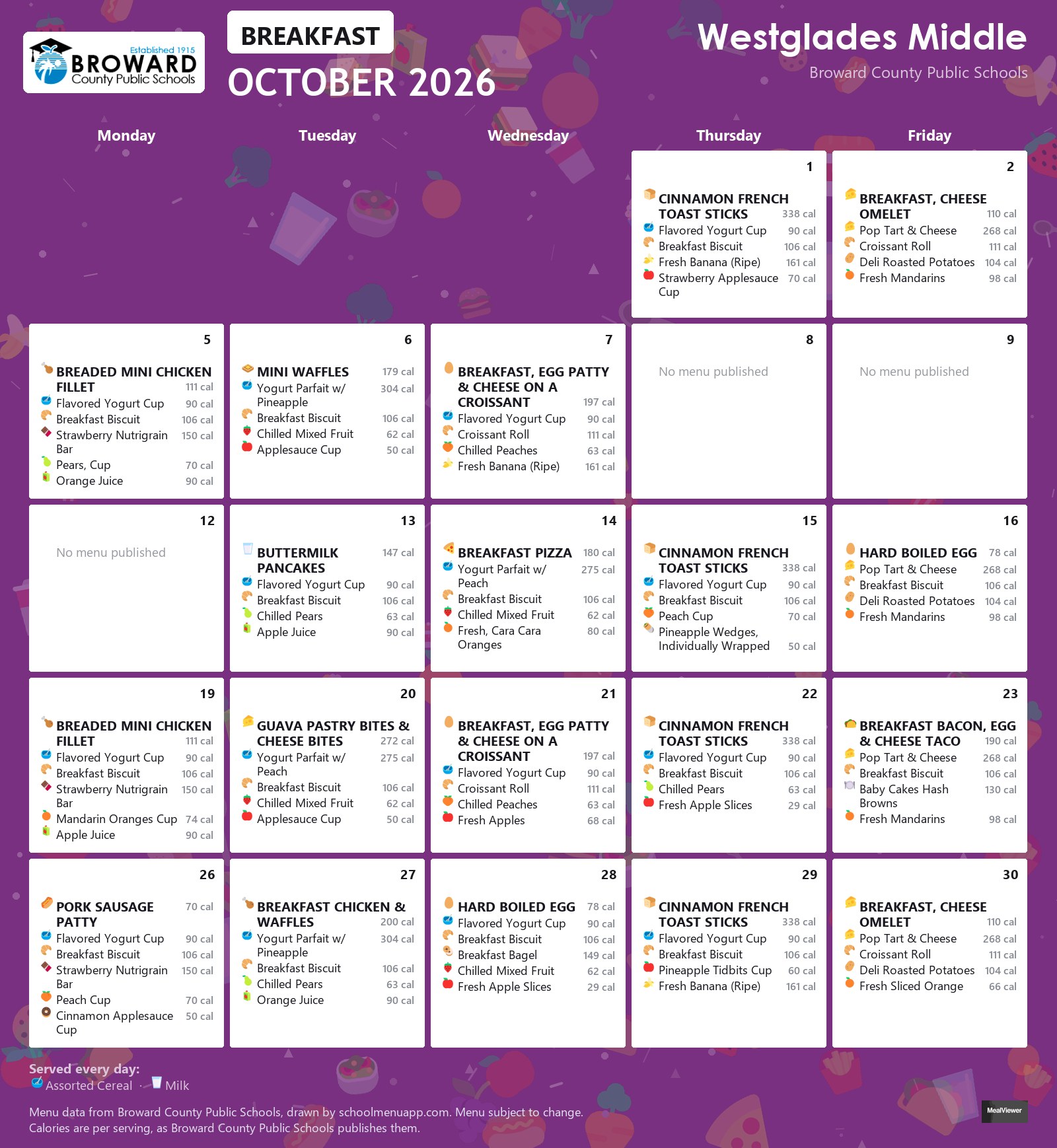 Westglades Middle breakfast menu for October 2026 &mdash; Broward County Public Schools