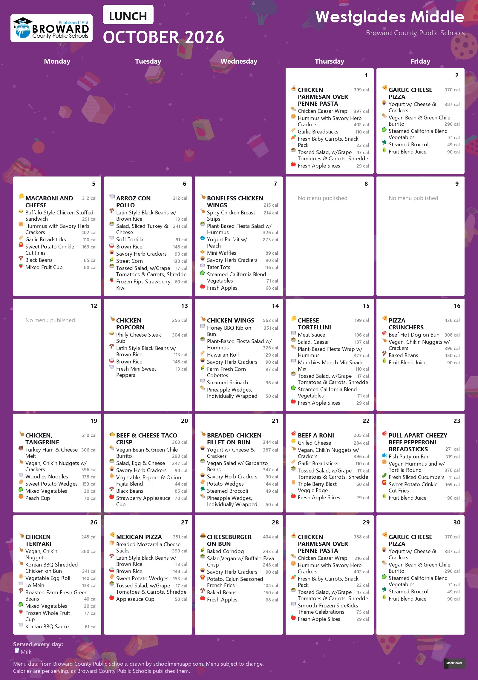 Westglades Middle lunch menu for October 2026 &mdash; Broward County Public Schools