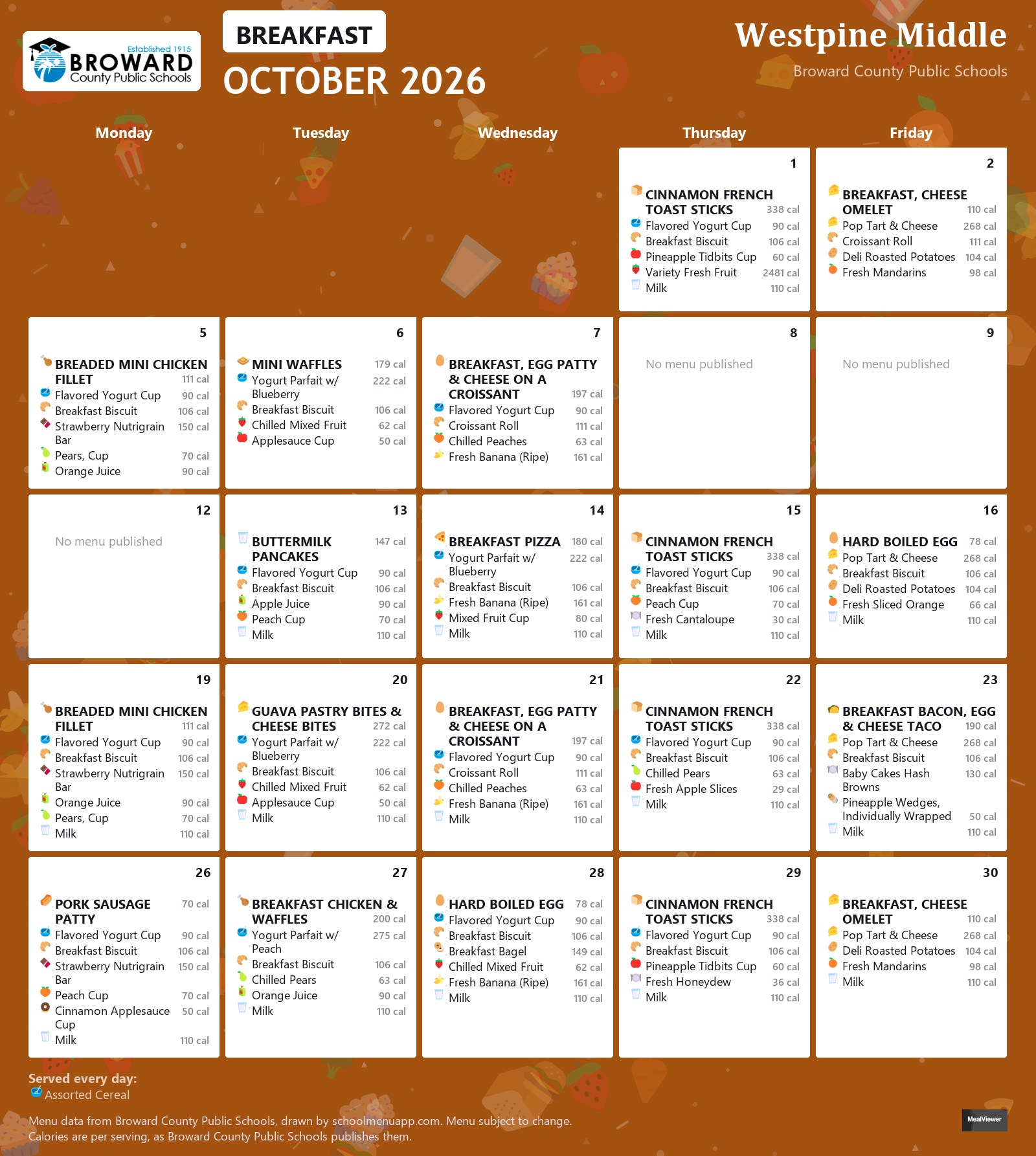 Westpine Middle breakfast menu for October 2026 &mdash; Broward County Public Schools