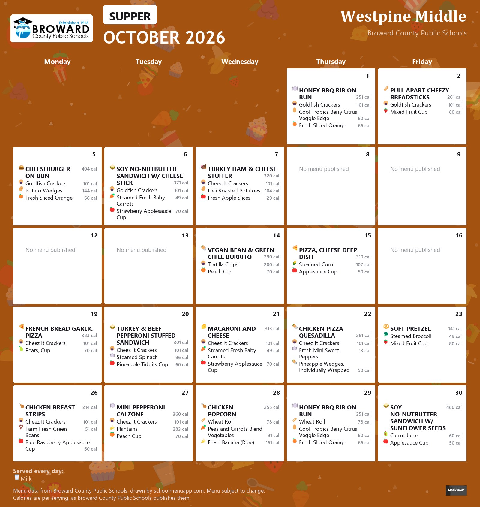Westpine Middle supper menu for October 2026 &mdash; Broward County Public Schools