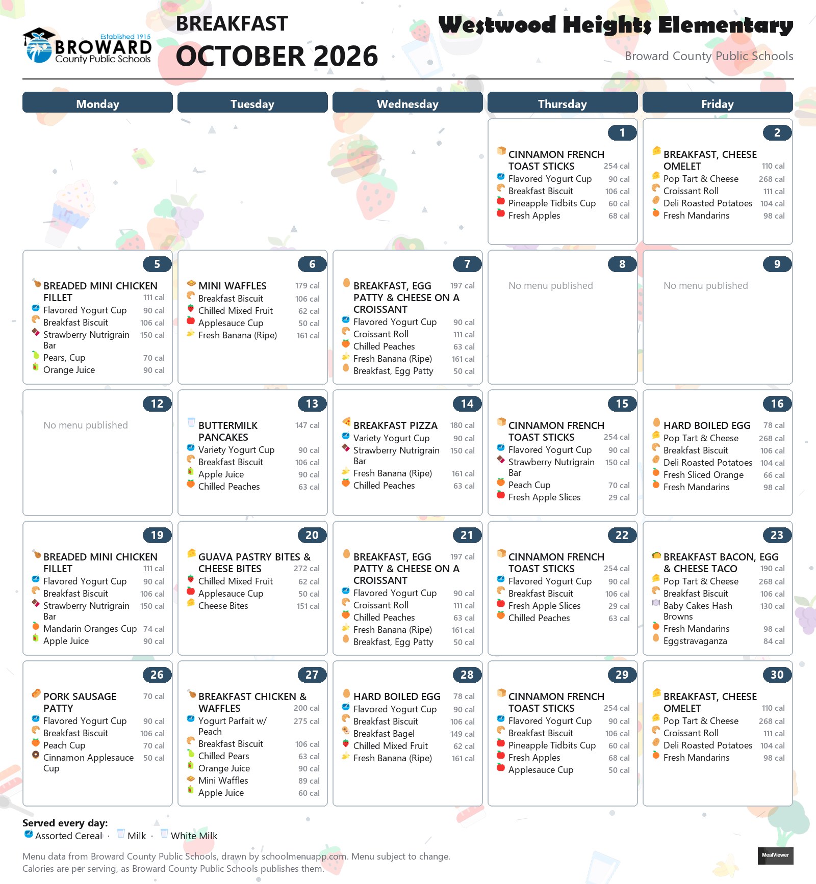 Westwood Heights Elementary breakfast menu for October 2026 &mdash; Broward County Public Schools