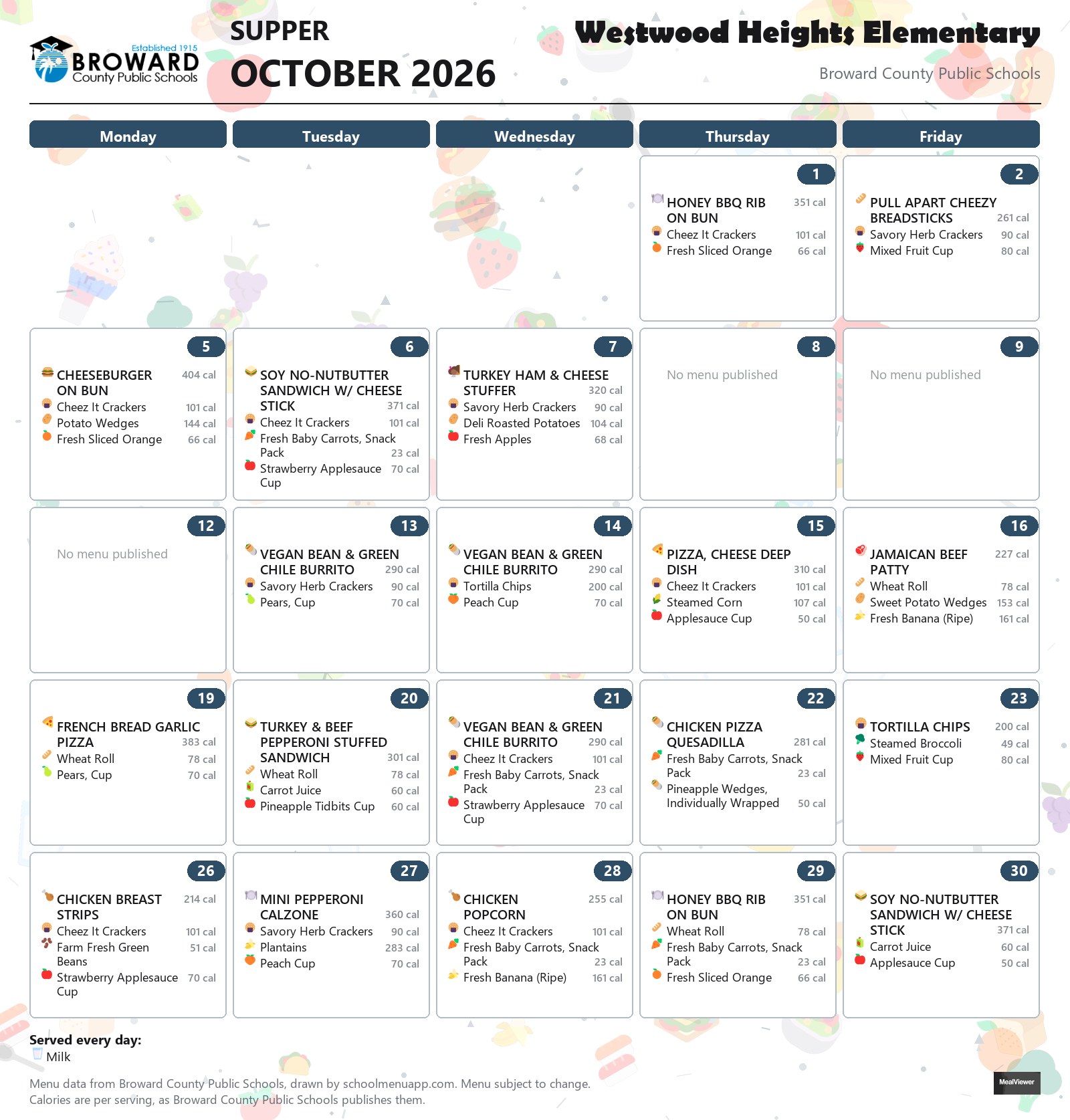 Westwood Heights Elementary supper menu for October 2026 &mdash; Broward County Public Schools