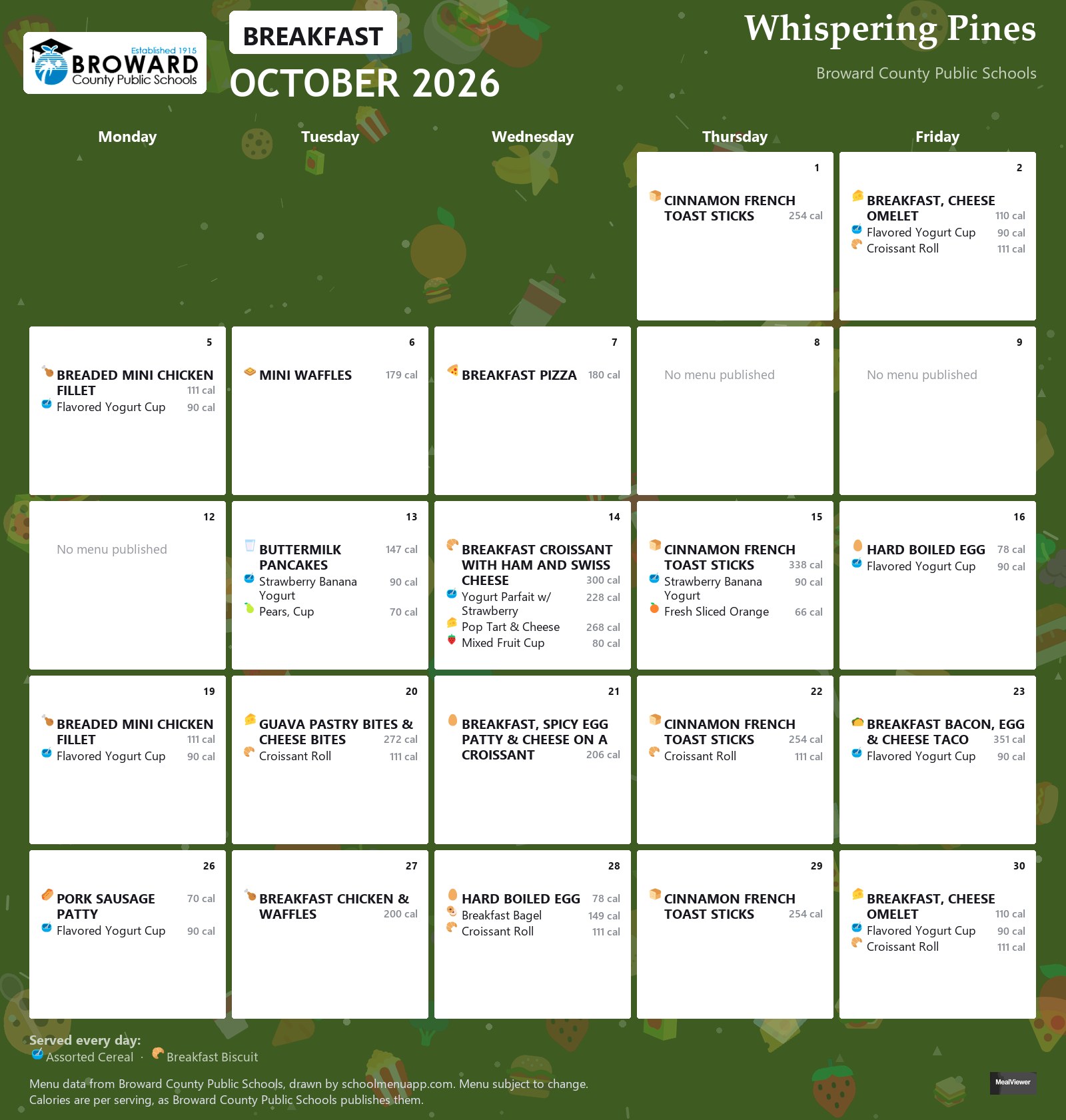 Whispering Pines breakfast menu for October 2026 &mdash; Broward County Public Schools