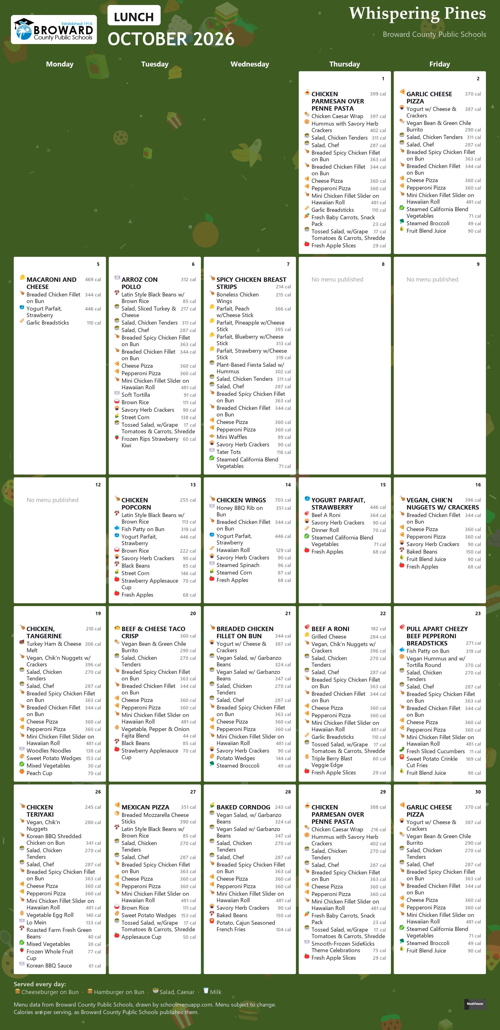 Whispering Pines lunch menu for October 2026 &mdash; Broward County Public Schools