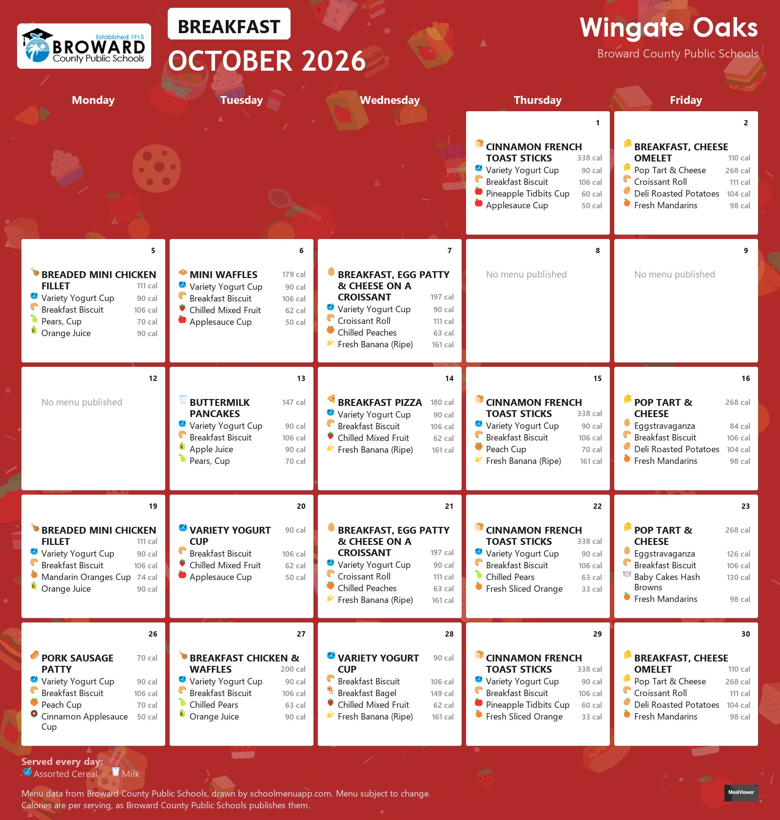Wingate Oaks breakfast menu for October 2026 &mdash; Broward County Public Schools