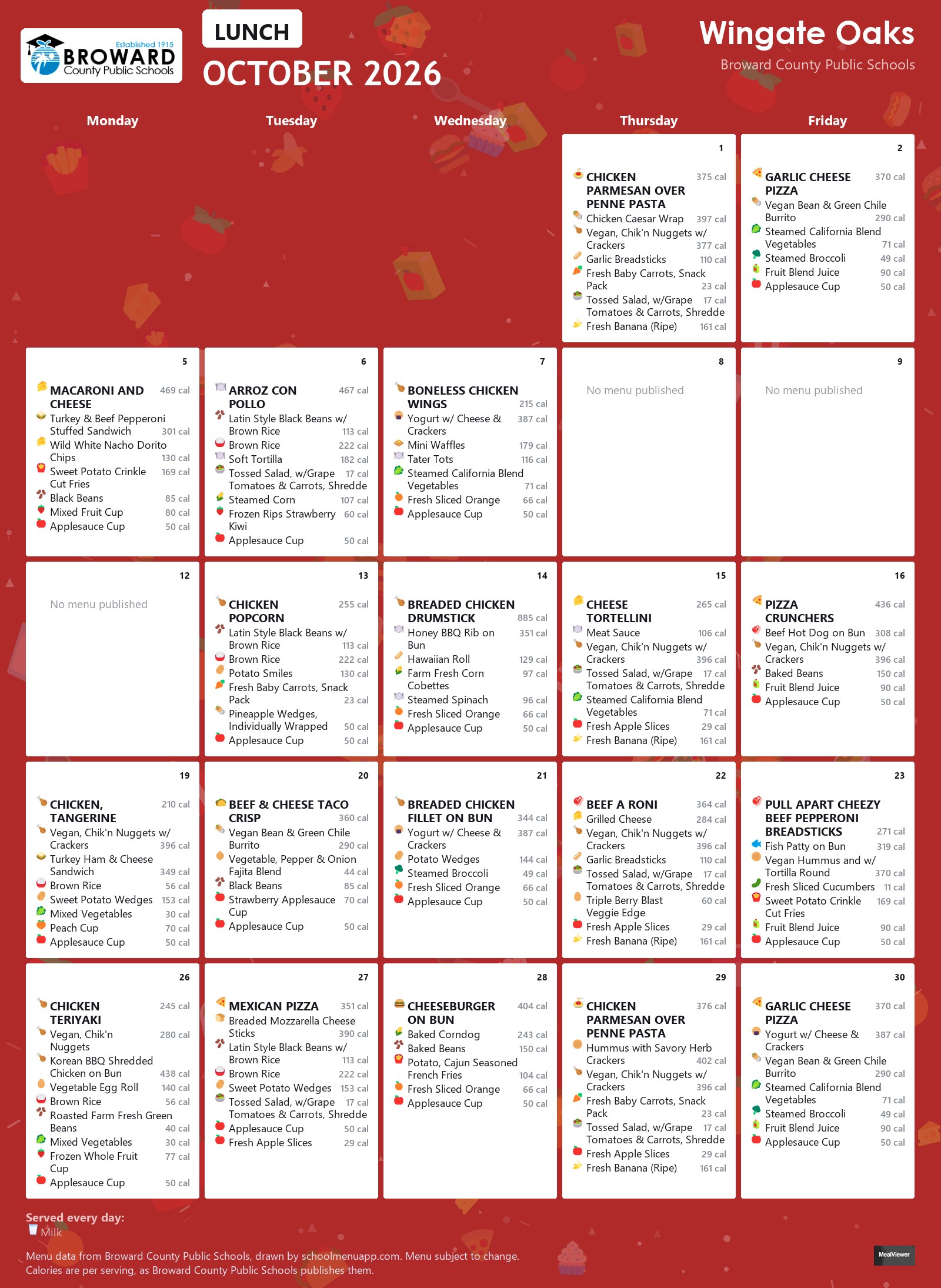 Wingate Oaks lunch menu for October 2026 &mdash; Broward County Public Schools