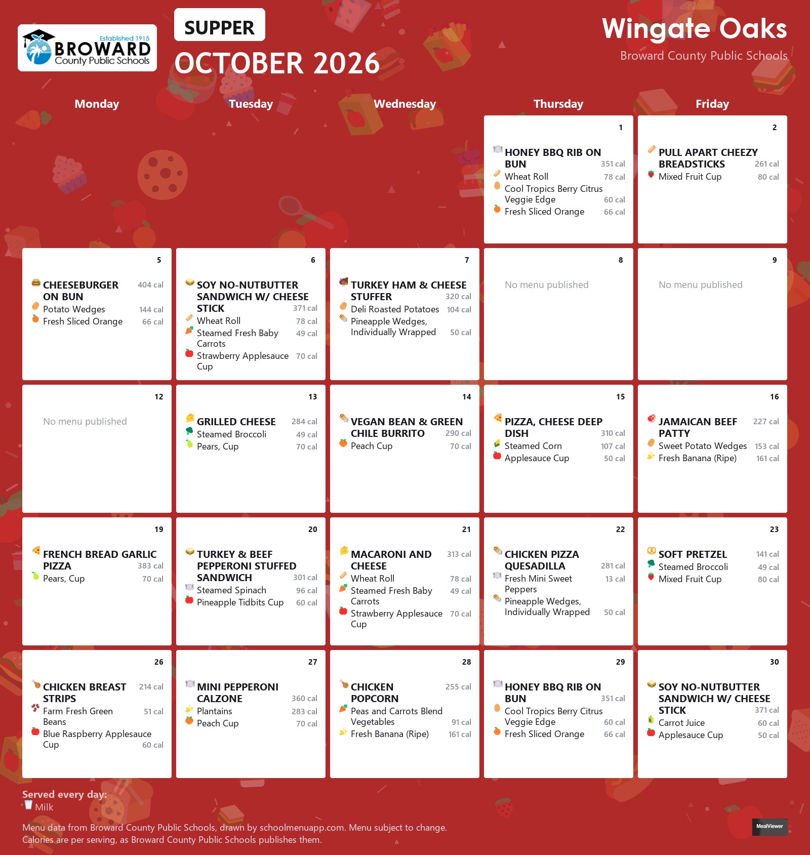 Wingate Oaks supper menu for October 2026 &mdash; Broward County Public Schools