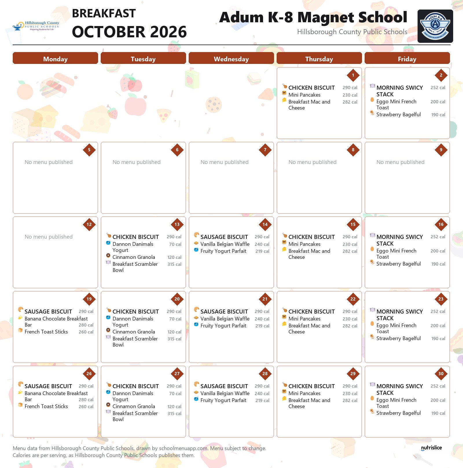 Adum K-8 Magnet School breakfast menu for October 2026 &mdash; Hillsborough County Public Schools