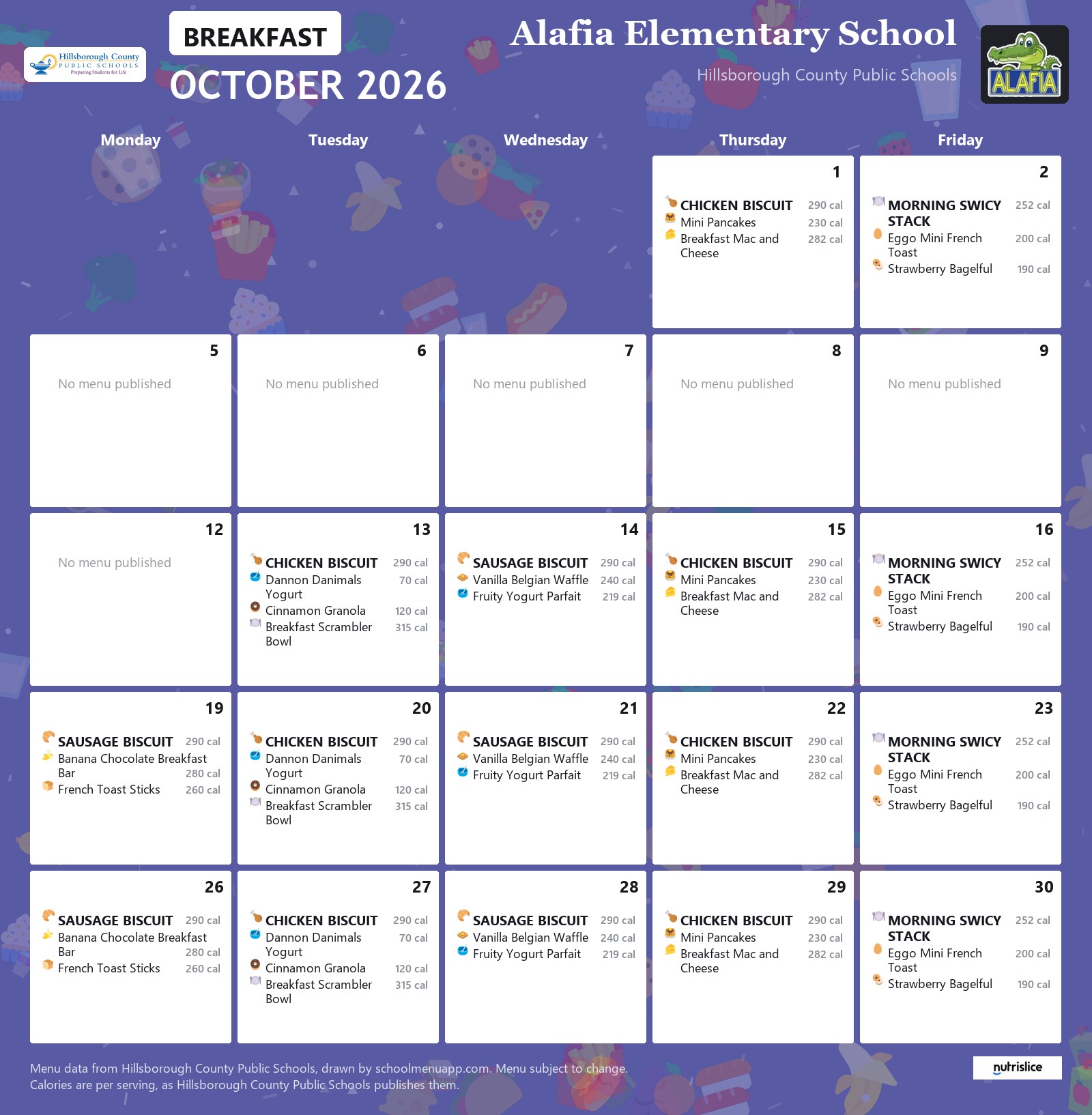 Alafia Elementary School breakfast menu for October 2026 &mdash; Hillsborough County Public Schools