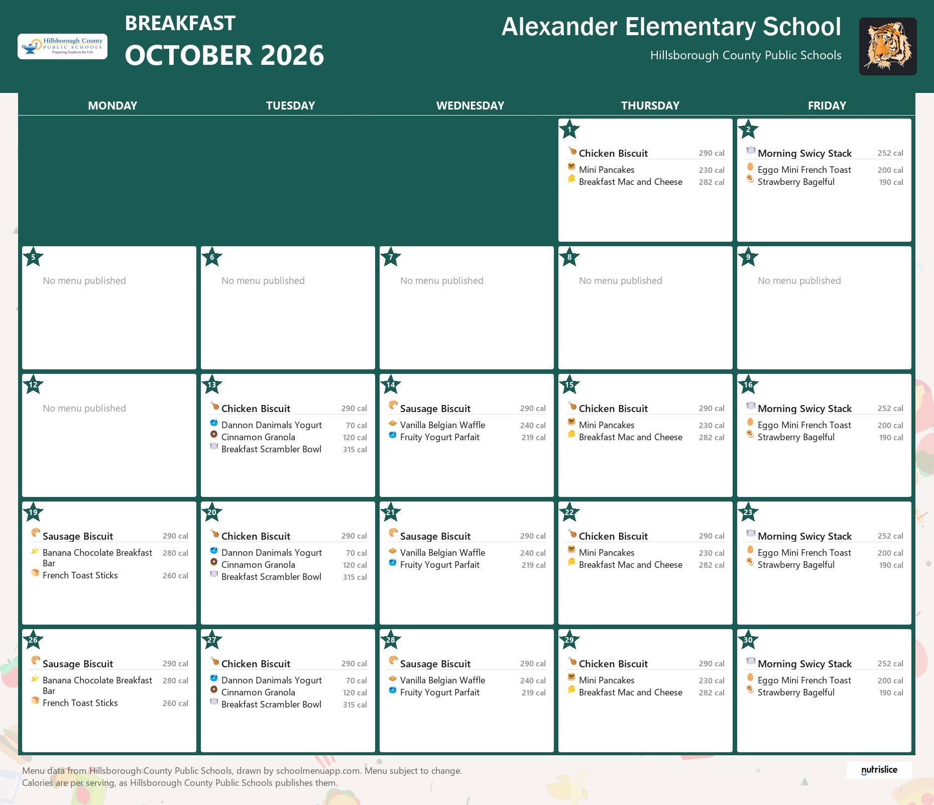 Alexander Elementary School breakfast menu for October 2026 &mdash; Hillsborough County Public Schools