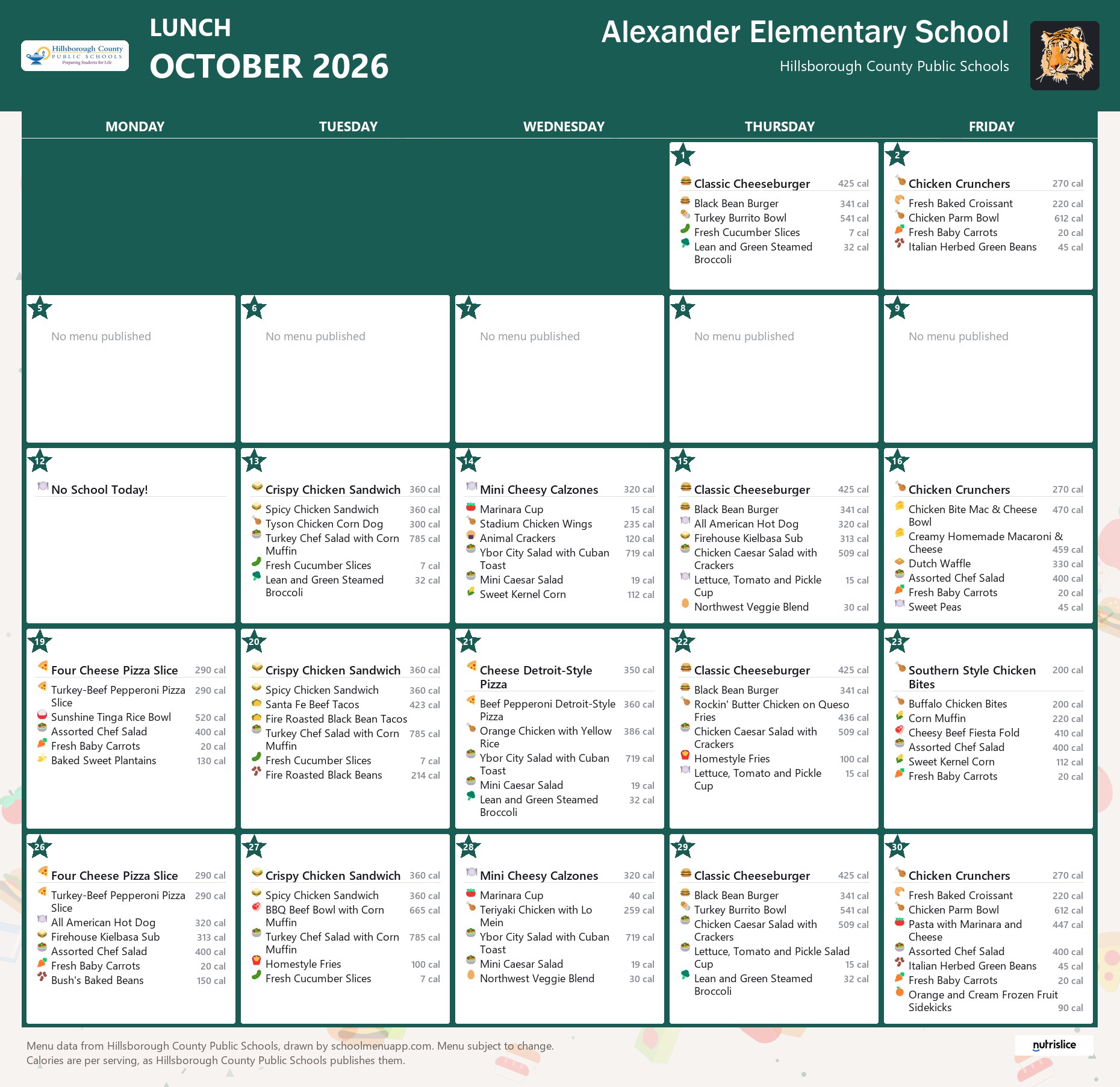 Alexander Elementary School lunch menu for October 2026 &mdash; Hillsborough County Public Schools