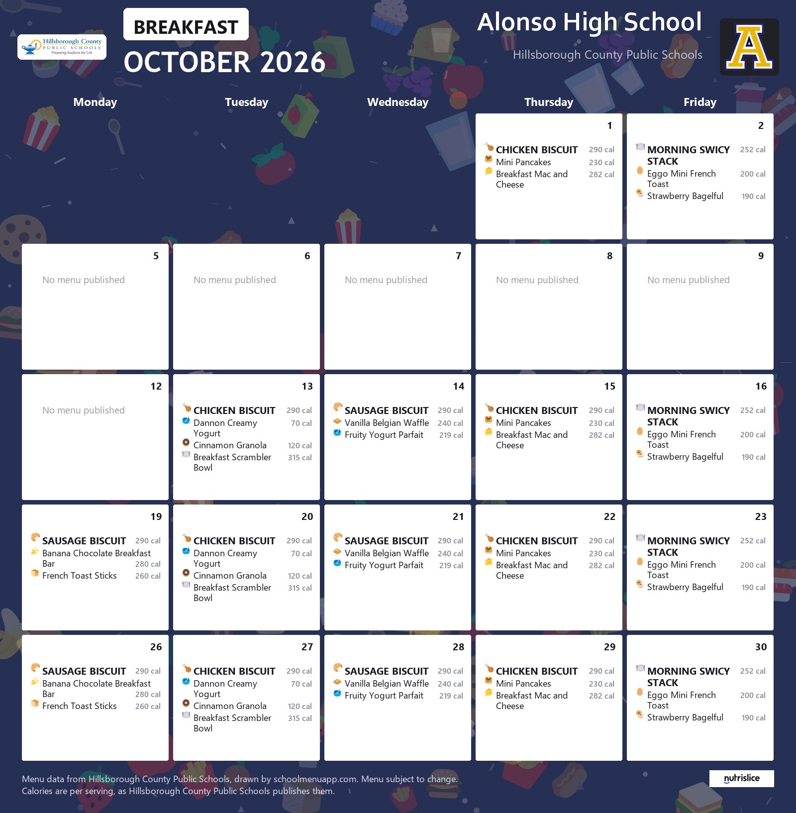 Alonso High School breakfast menu for October 2026 &mdash; Hillsborough County Public Schools
