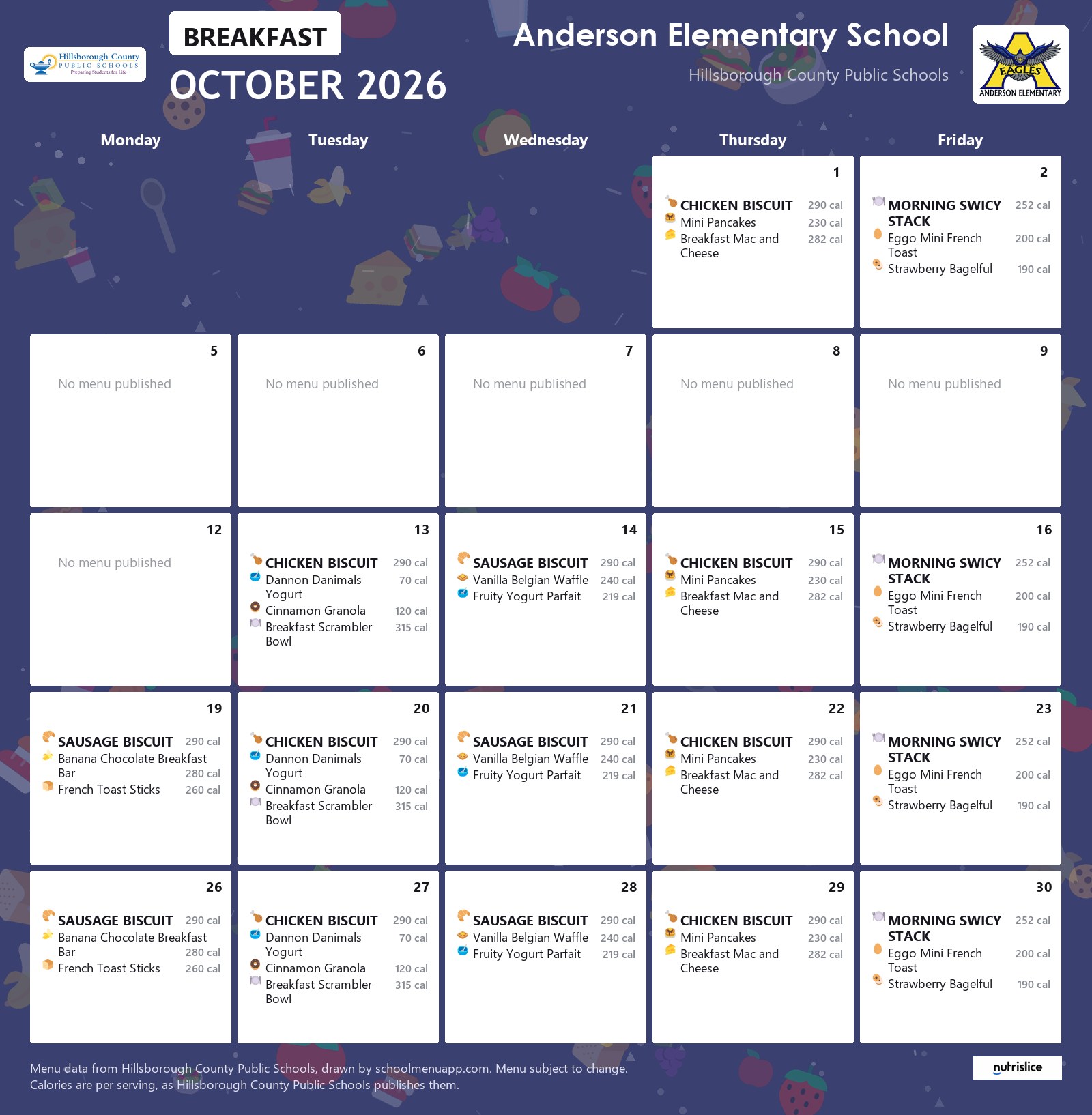 Anderson Elementary School breakfast menu for October 2026 &mdash; Hillsborough County Public Schools