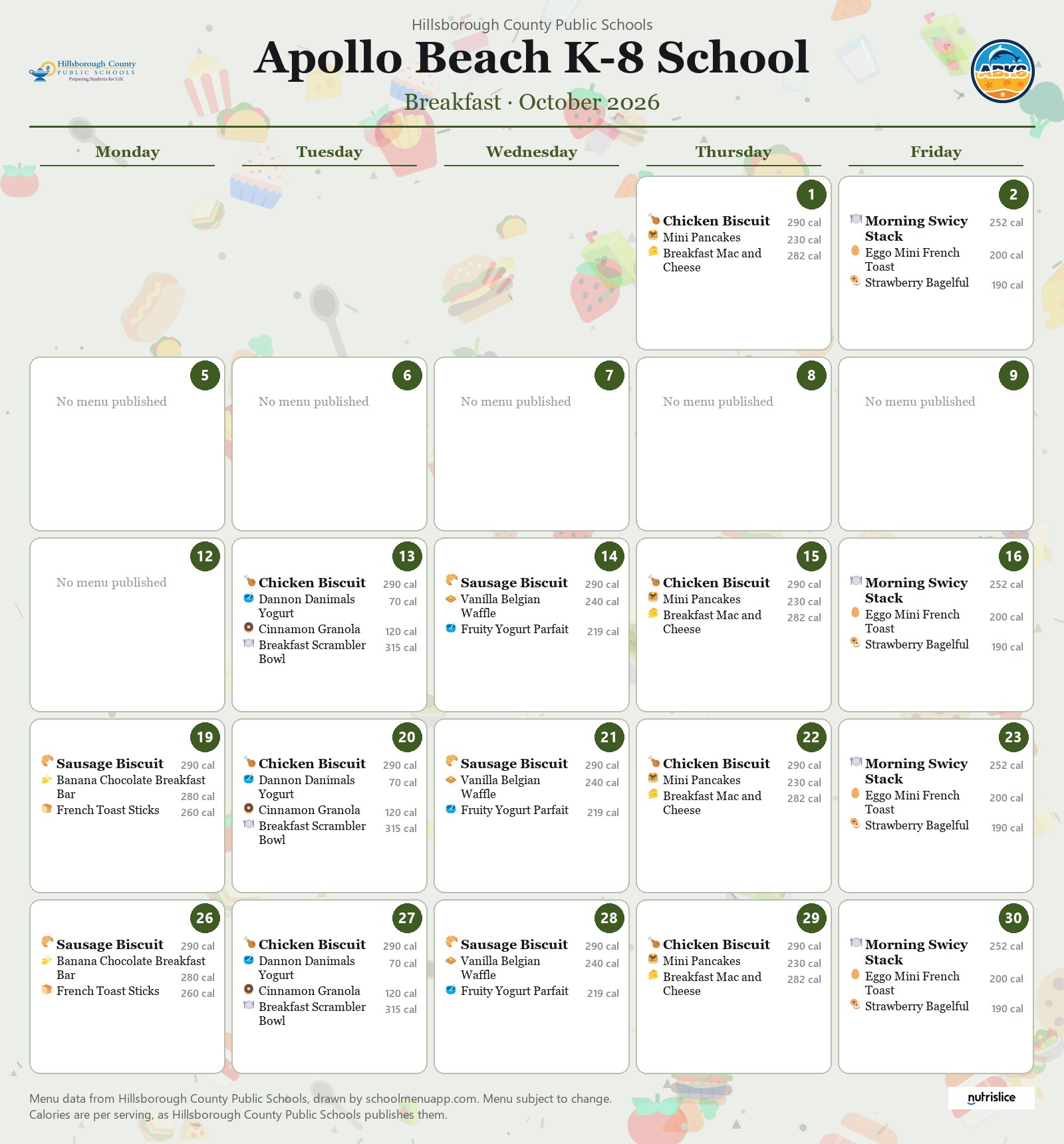 Apollo Beach K-8 School breakfast menu for October 2026 &mdash; Hillsborough County Public Schools