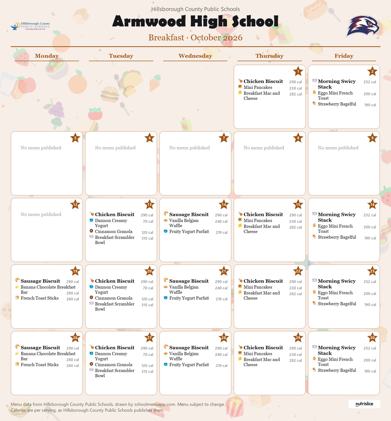 Armwood High School breakfast menu for October 2026 &mdash; Hillsborough County Public Schools