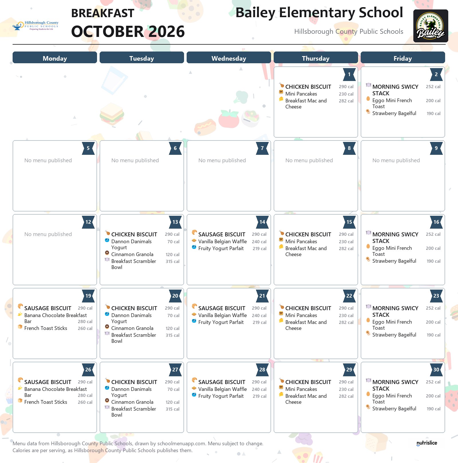Bailey Elementary School breakfast menu for October 2026 &mdash; Hillsborough County Public Schools