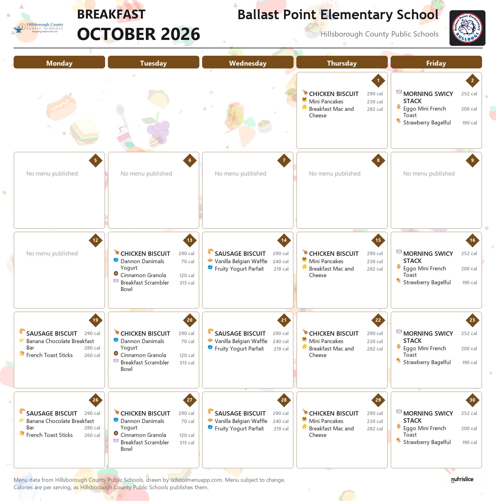 Ballast Point Elementary School breakfast menu for October 2026 &mdash; Hillsborough County Public Schools