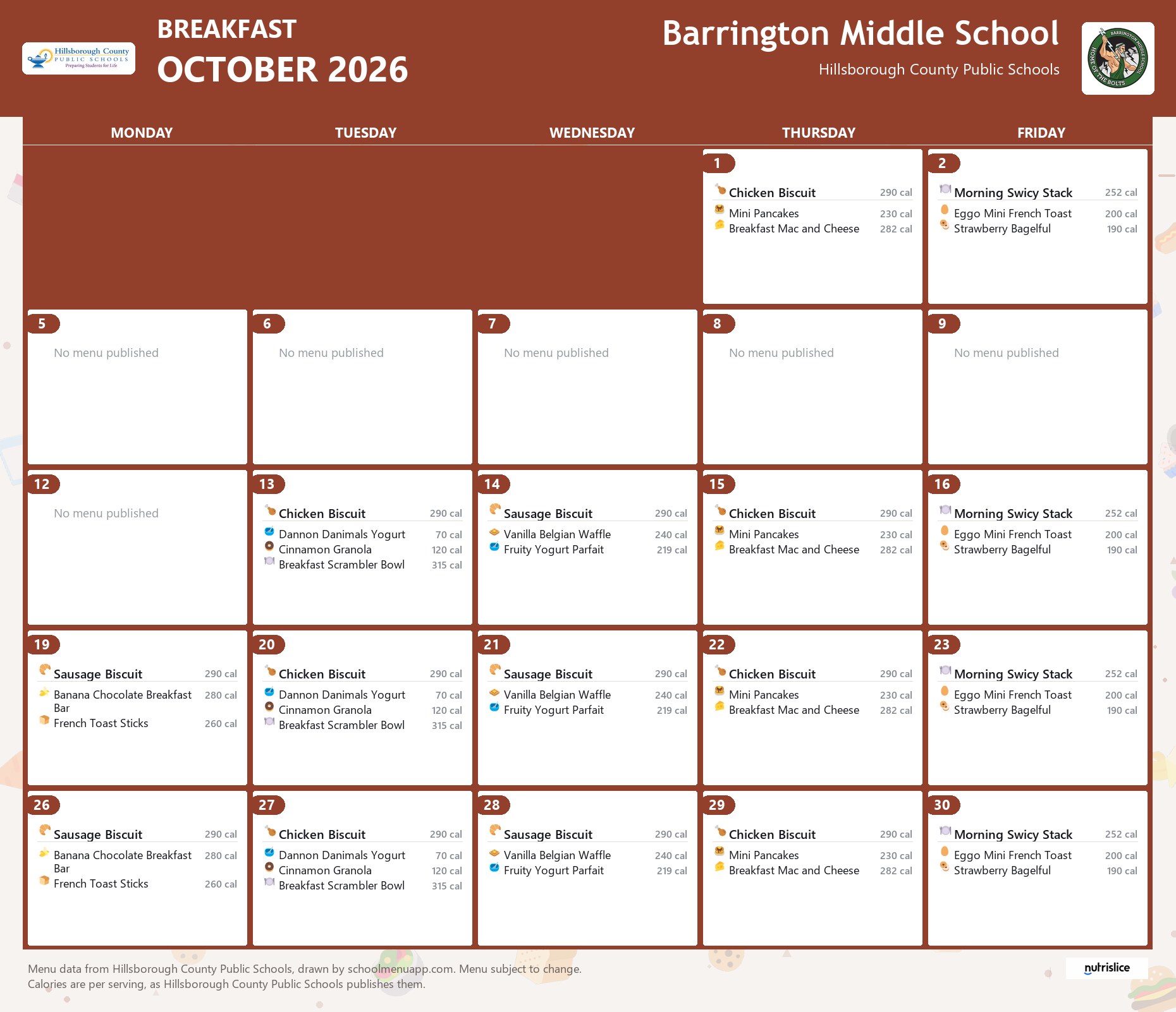 Barrington Middle School breakfast menu for October 2026 &mdash; Hillsborough County Public Schools