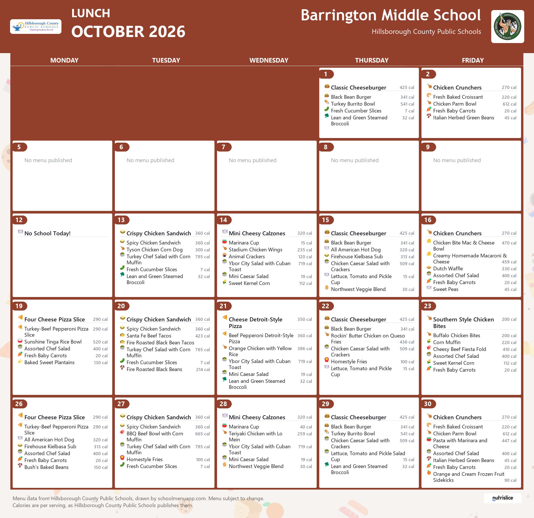 Barrington Middle School lunch menu for October 2026 &mdash; Hillsborough County Public Schools