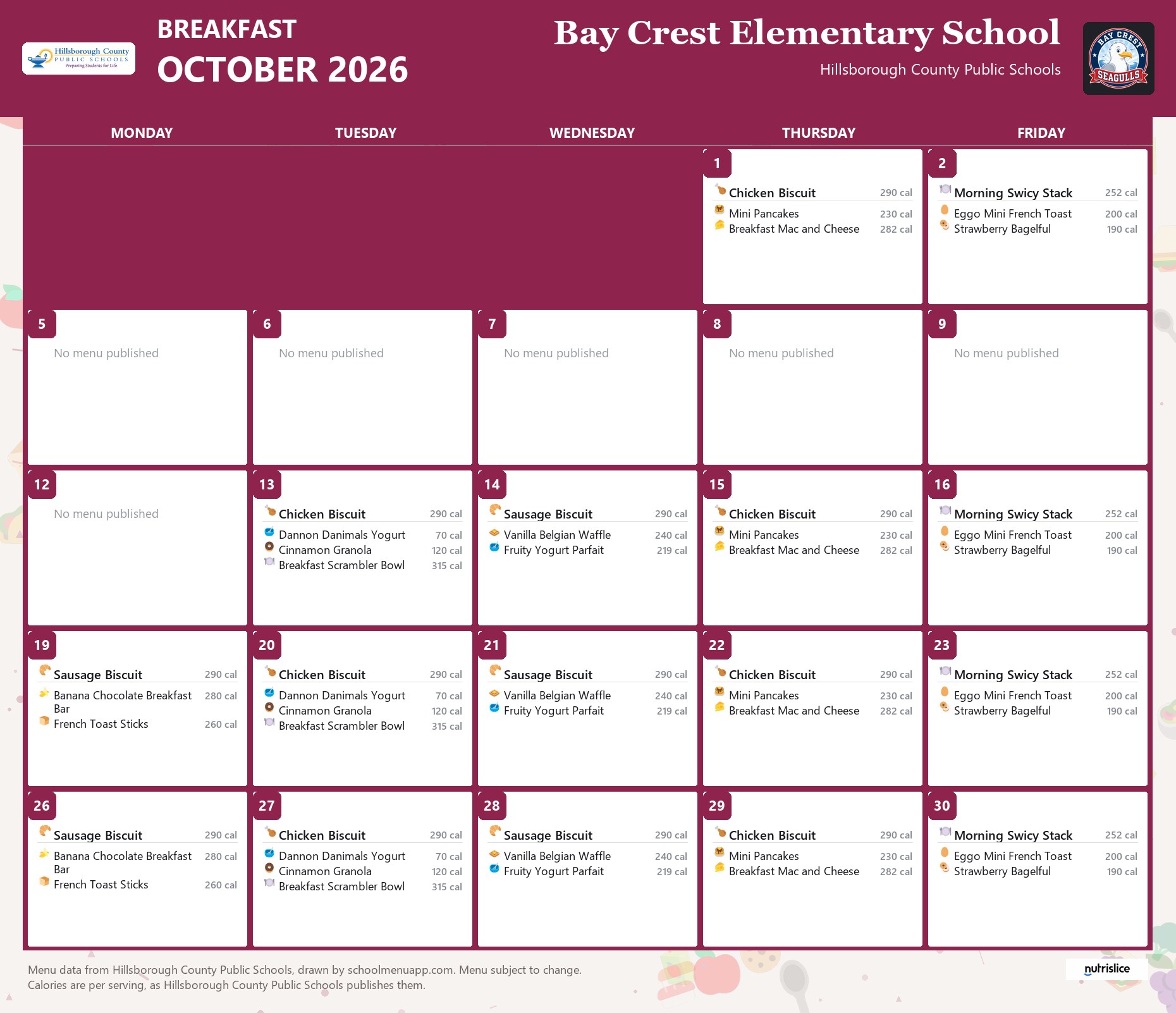 Bay Crest Elementary School breakfast menu for October 2026 &mdash; Hillsborough County Public Schools